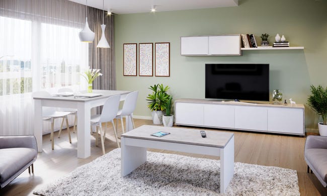 Sympton picar visa Mueble de salón y TV Alida blanco y cemento 200x43x41 cm(anchoxaltoxfondo)  | Leroy Merlin