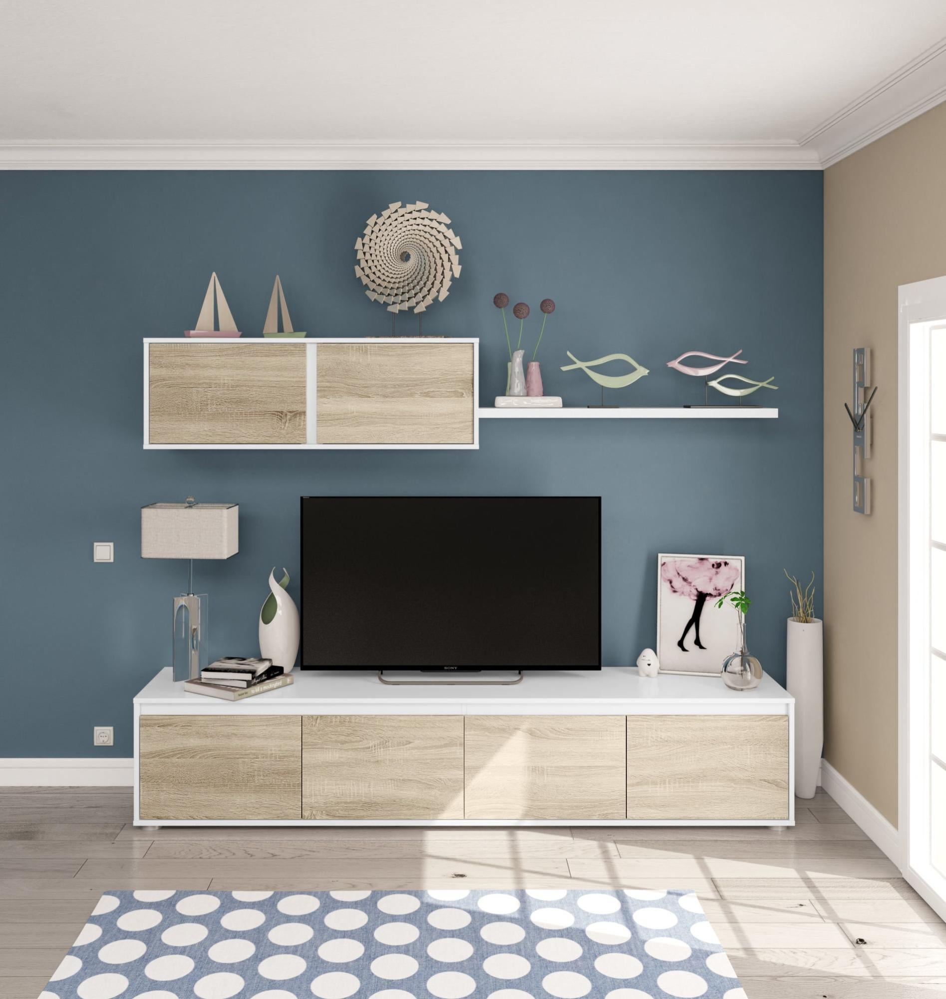 Mueble de salón y tv alida blanco y roble 200x43x41 cm (anchoxaltoxfondo)