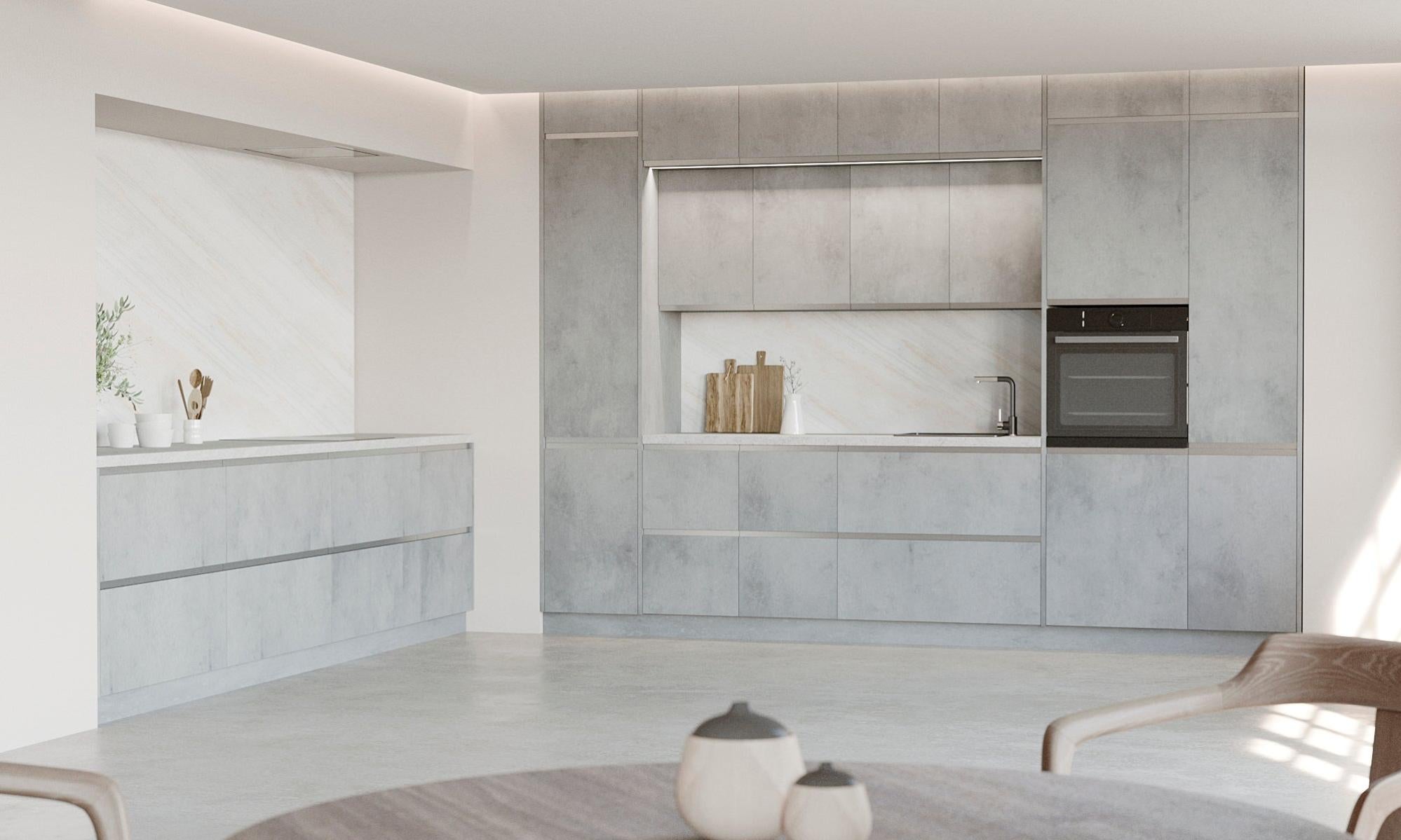 Frente cocina angular alta delinia id mikonos cemento claro 30 x 102.4 cm