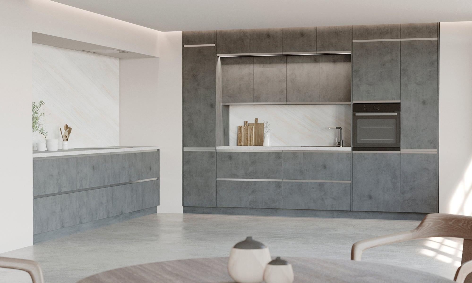 Frente cocina angular alta delinia id mikonos cemento oscuro 30 x 102.4 cm