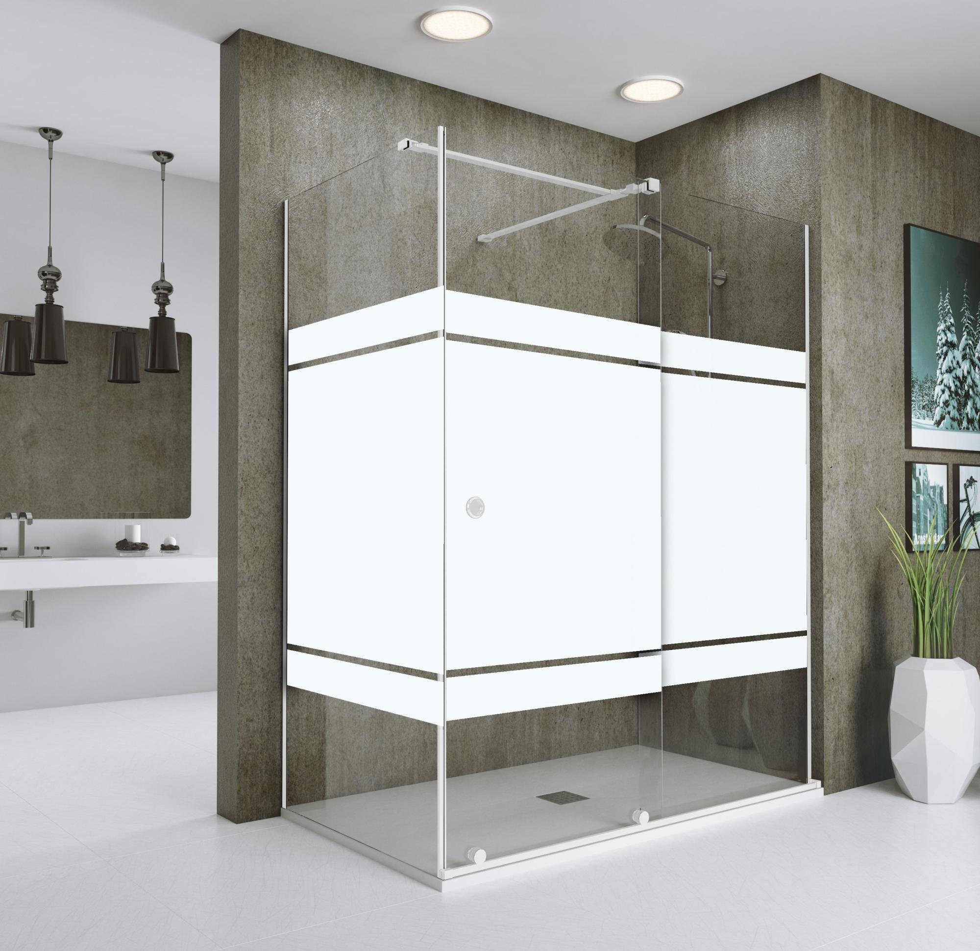 Mampara frontal y fijo lateral amea serigrafiado perfil blanco 140x70x200 cm de la marca GLASSINOX Mampara frontal y fijo lateral amea serigrafiado perfil blanco 140x70x200 cm de la marca GLASSINOX