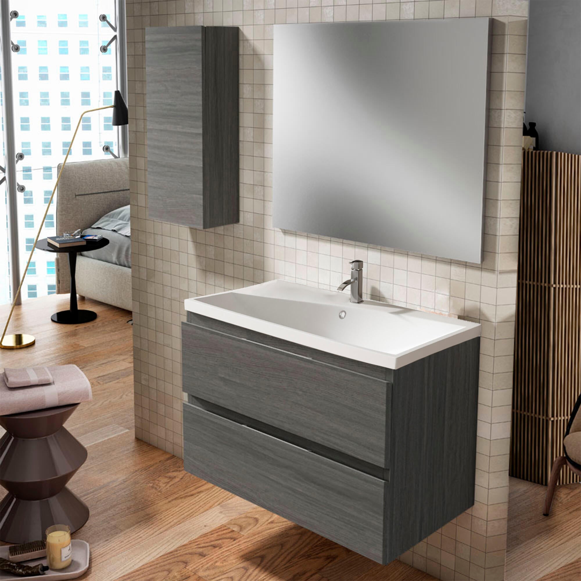 Mueble de baño con lavabo y espejo prima roble ceniza 80x45 cm