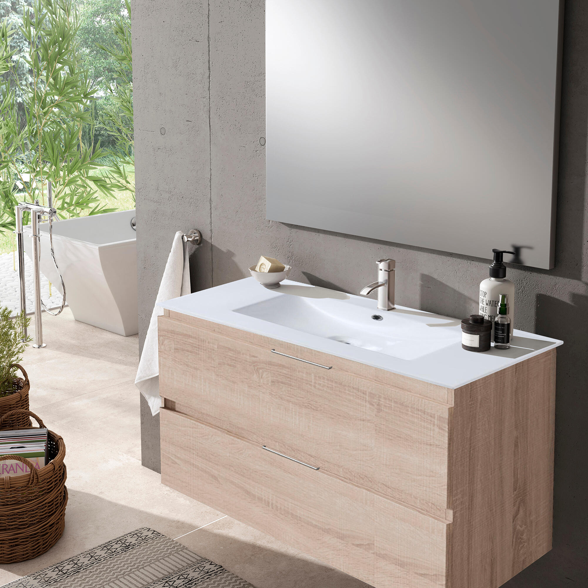 Mueble de baño con lavabo y espejo prima roble claro 80x45 cm tg