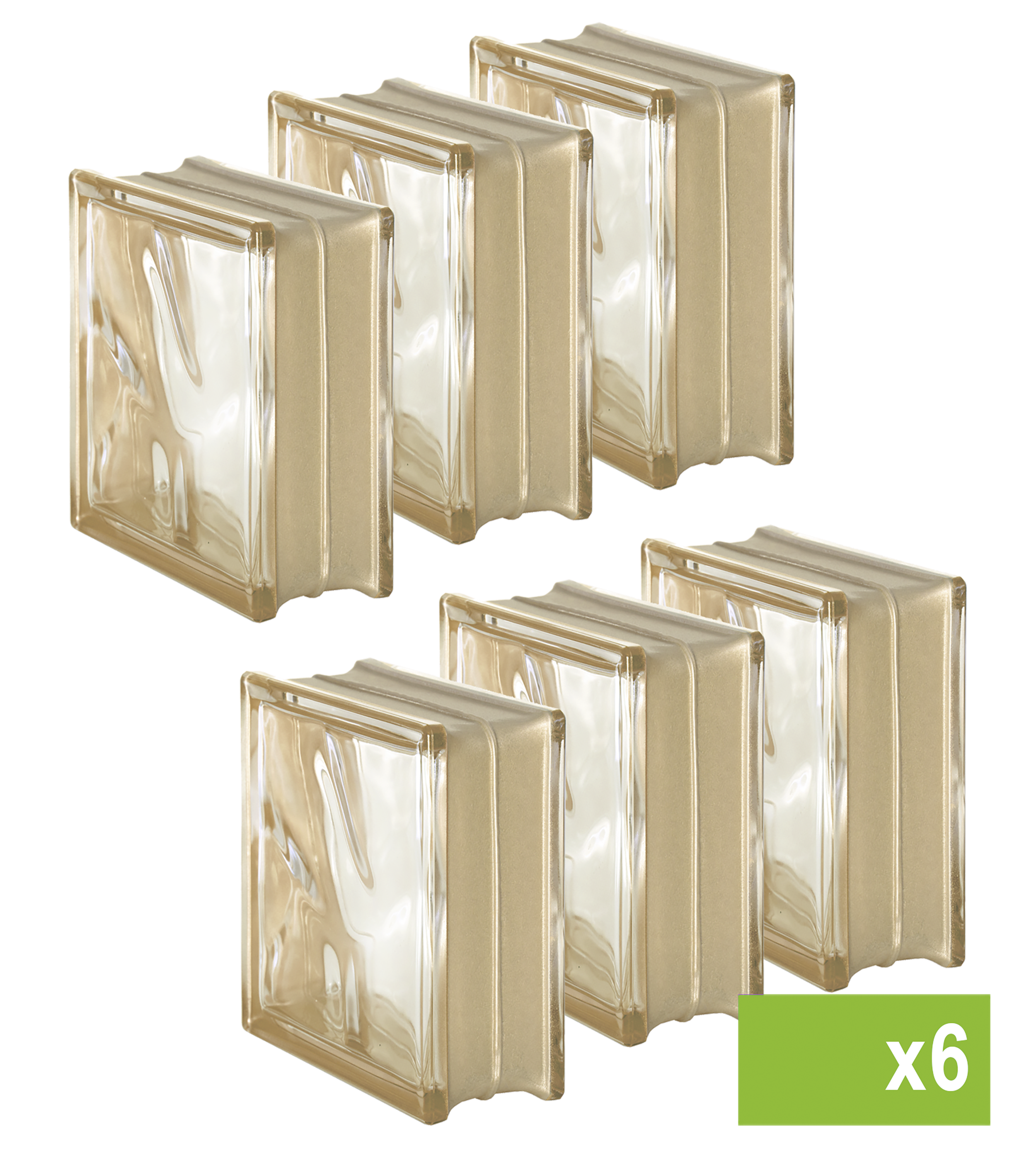 Lote de 6 bloque de vidrio reflejos ondulado oro 19x19x8 cm