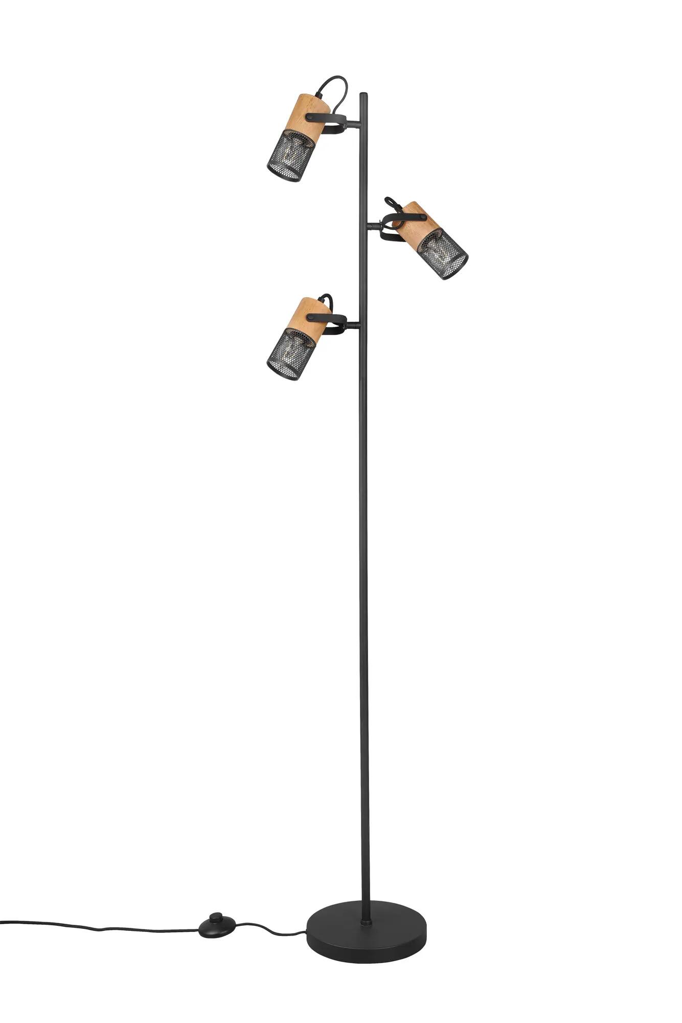 Lámpara de pie tosh negra 3 luces madera y metal 150 cm alto