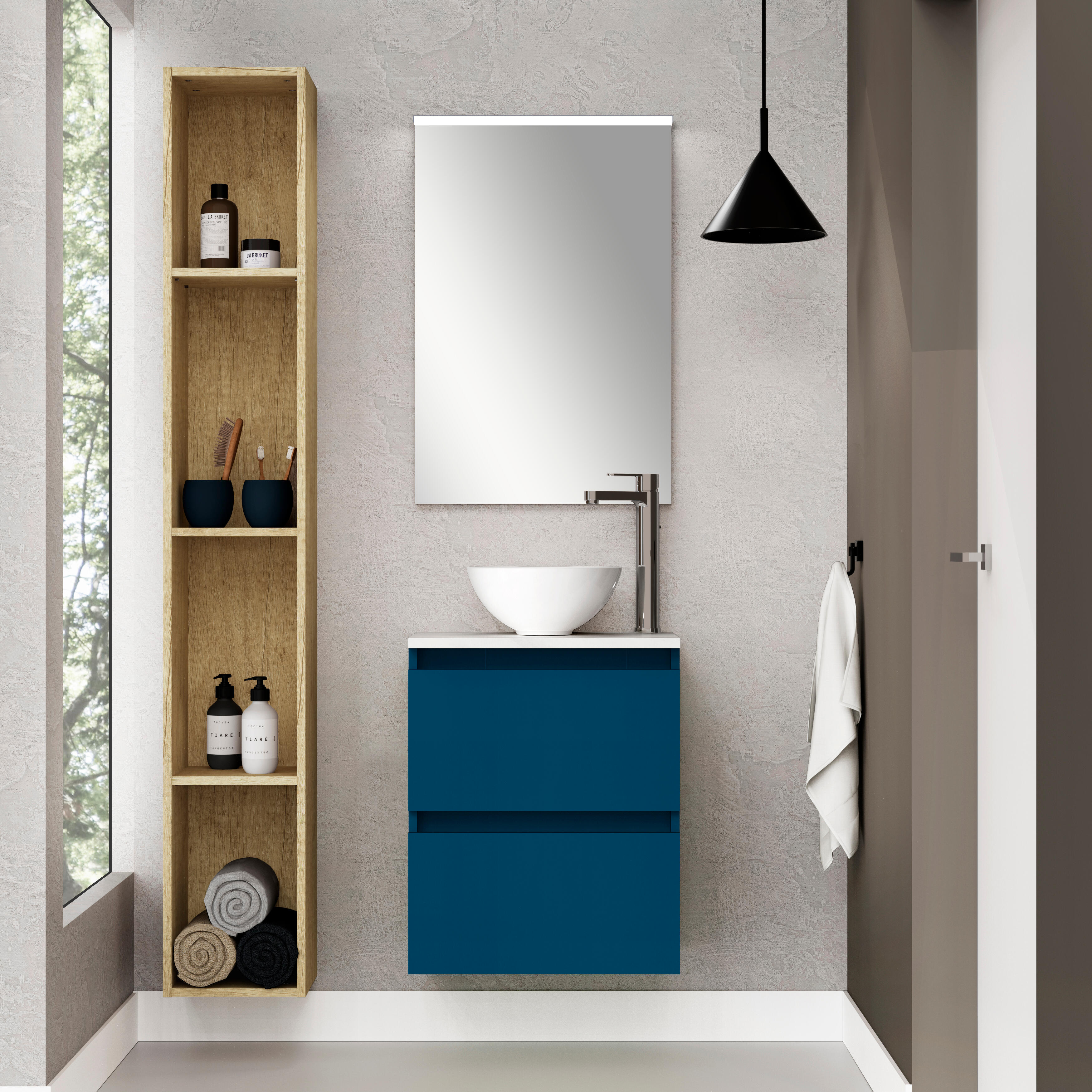 Pack mueble de baño con lavabo y espejo doble espacio azul oscuro mate 50x30 cm