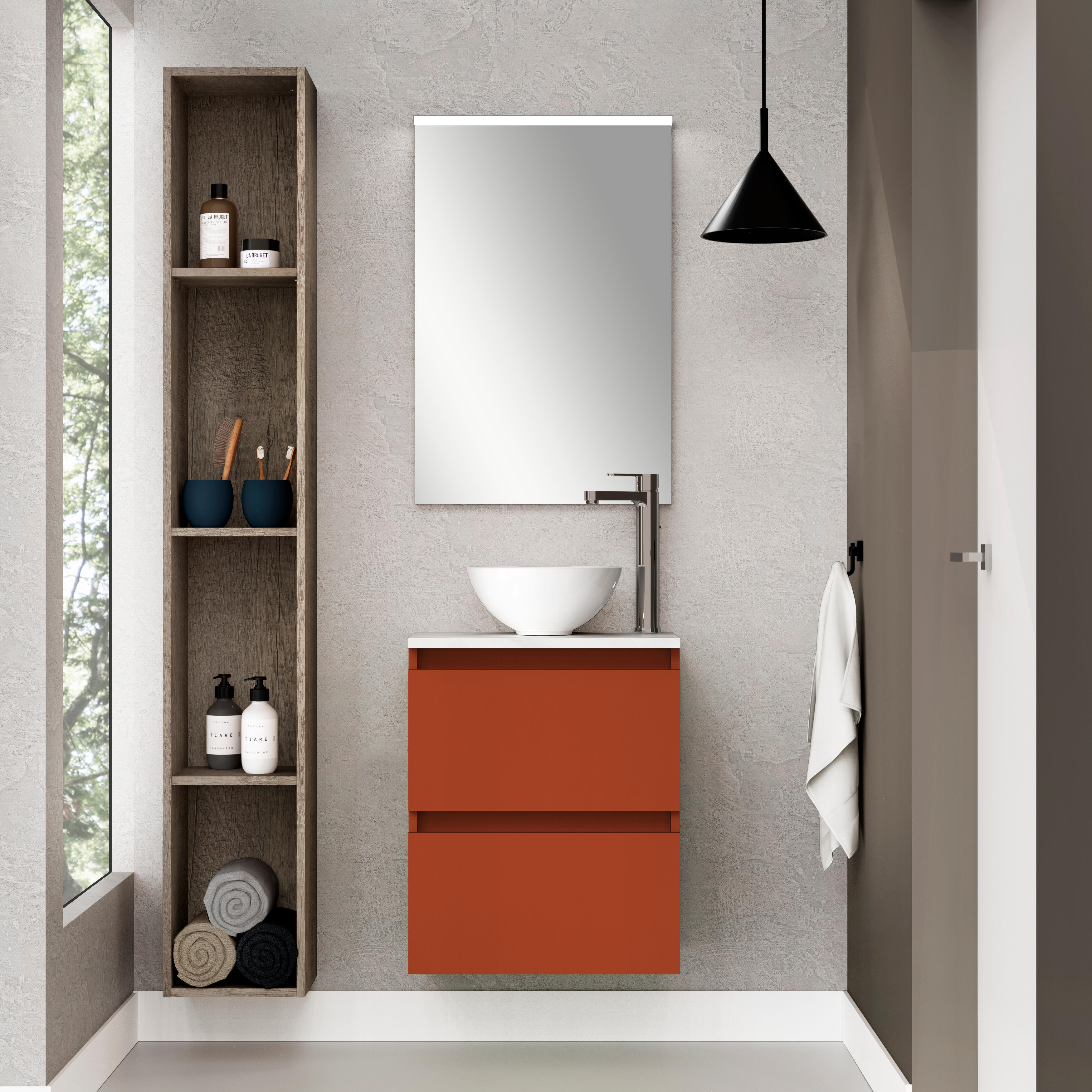 Pack de mueble de baño con lavabo y espejo doble espacio rojo mate 50x30 cm