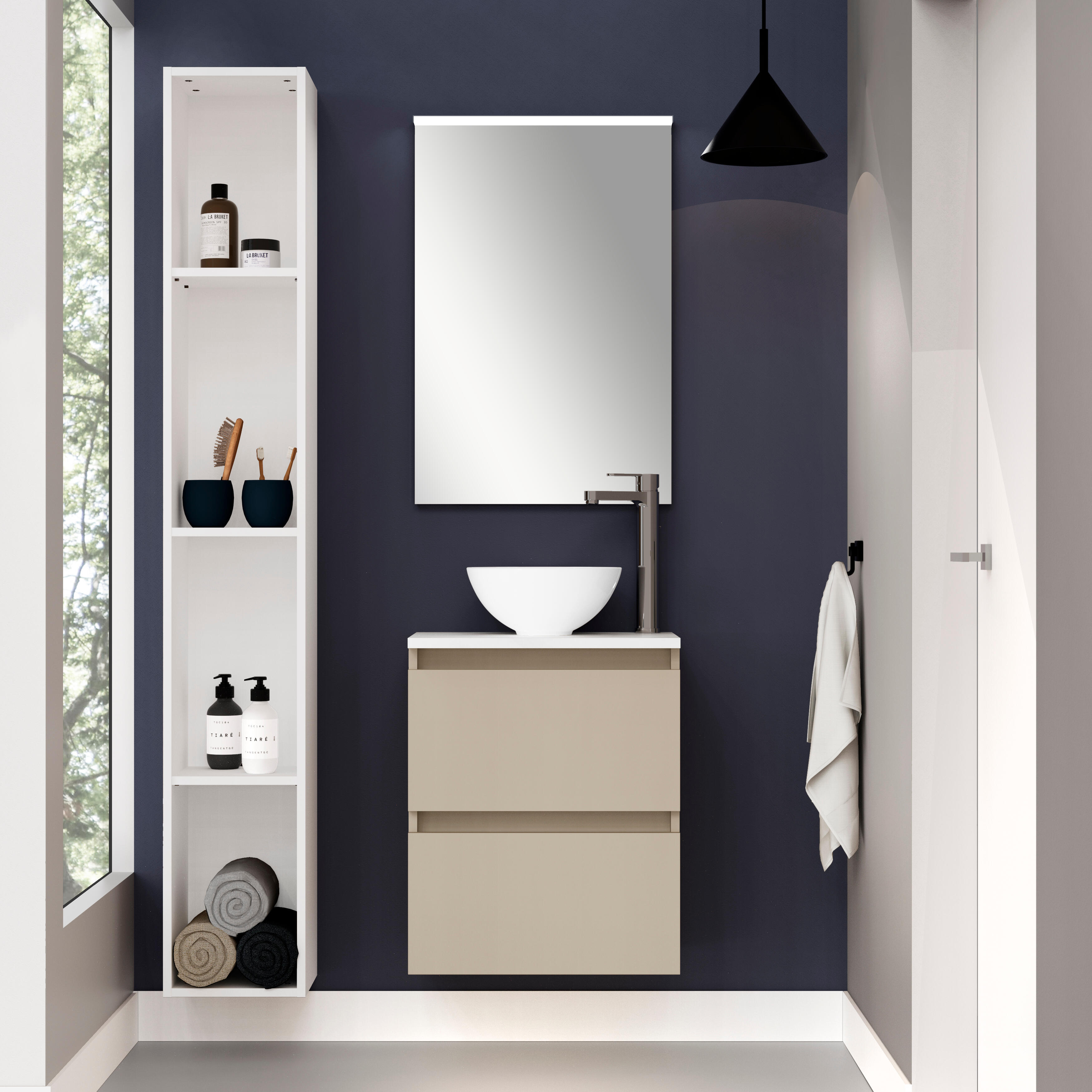 Pack de mueble de baño con lavabo y espejo doble espacio moka mate 50x30 cm