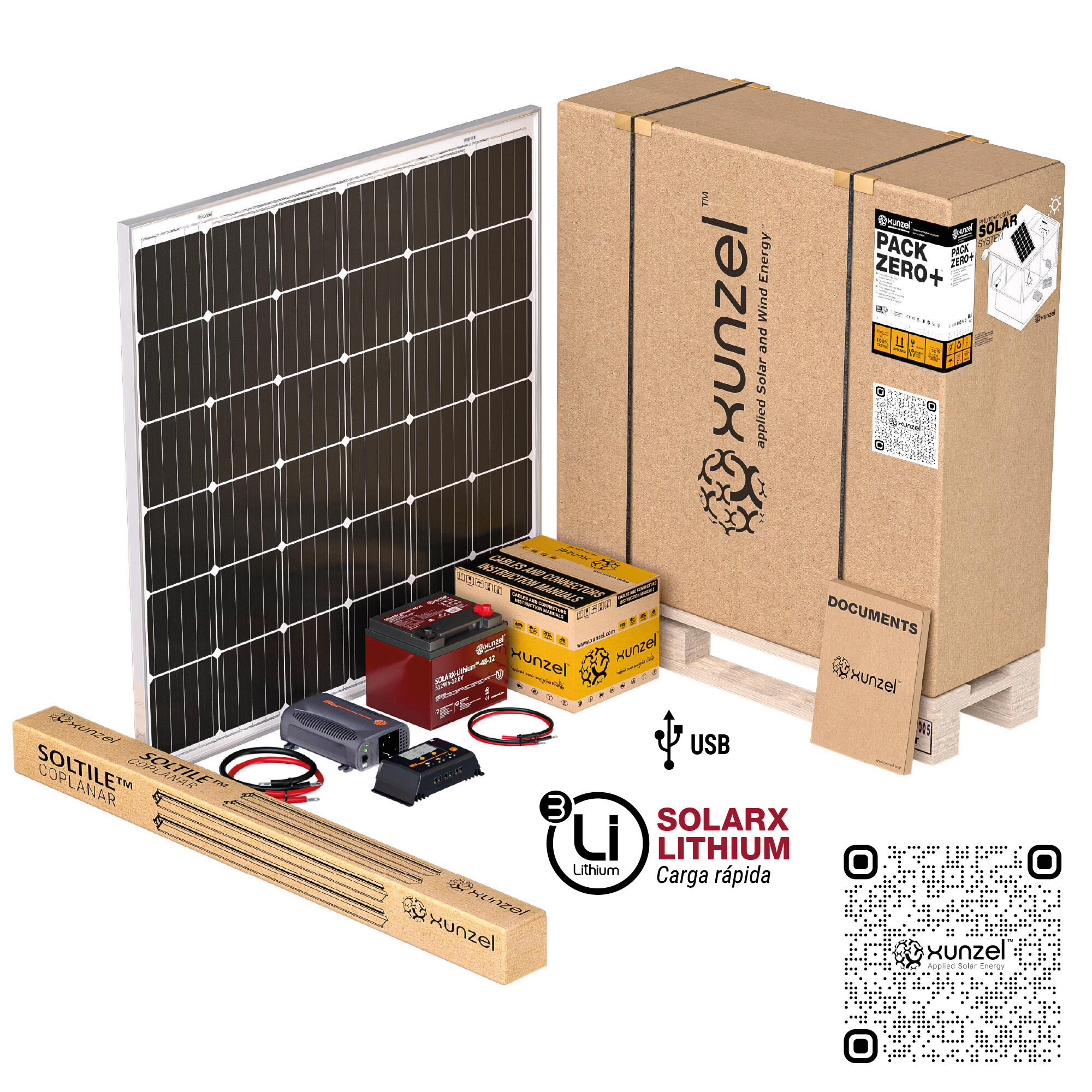 Kit solar pack zero+xunzel5022xjli hasta 950wh/d, bat litio 512wh, inversor 400w