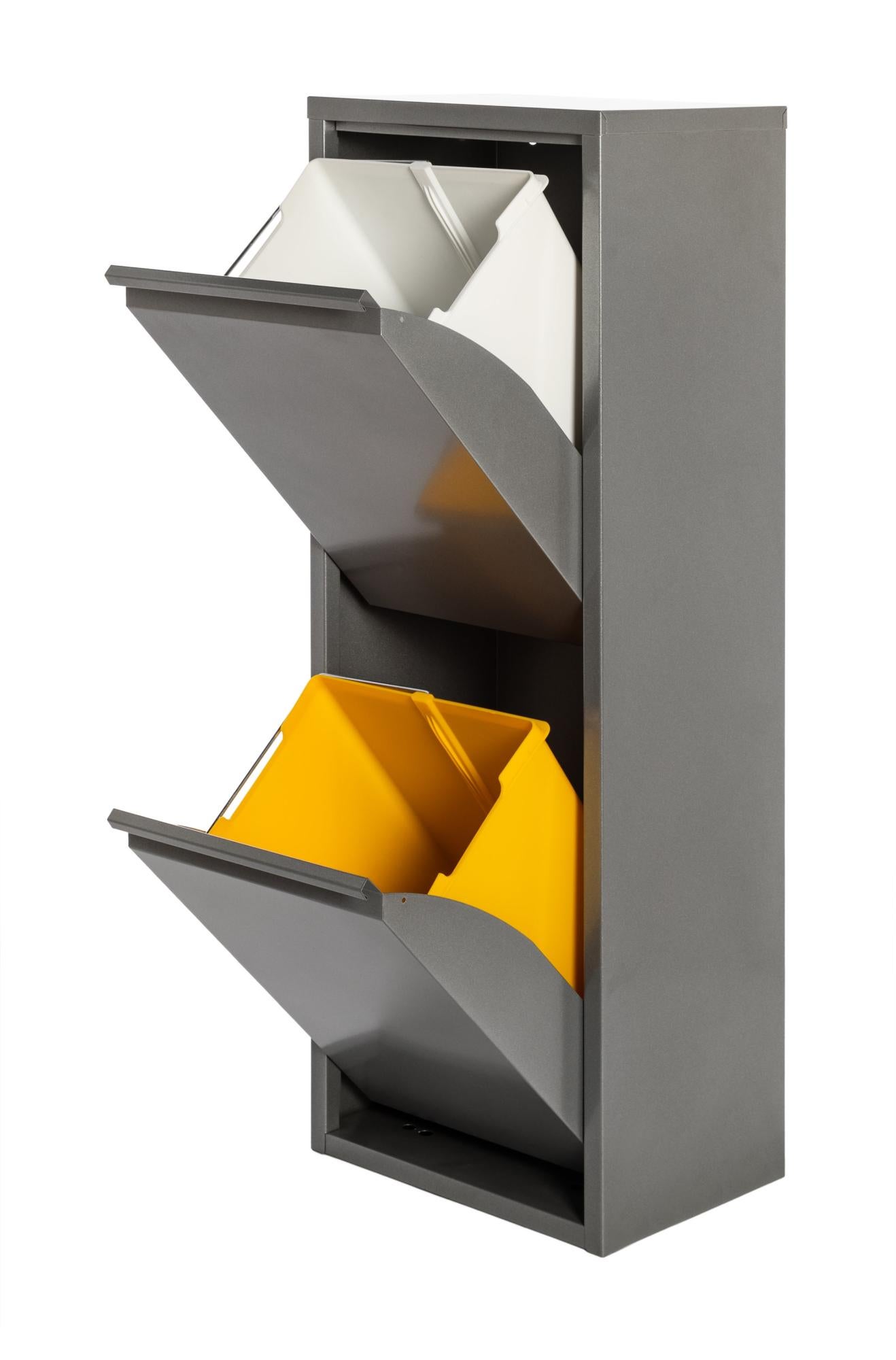 Armario para reciclaje de metal 33.5x92x25cm color gris 2 puertas 2 cubos de 15l