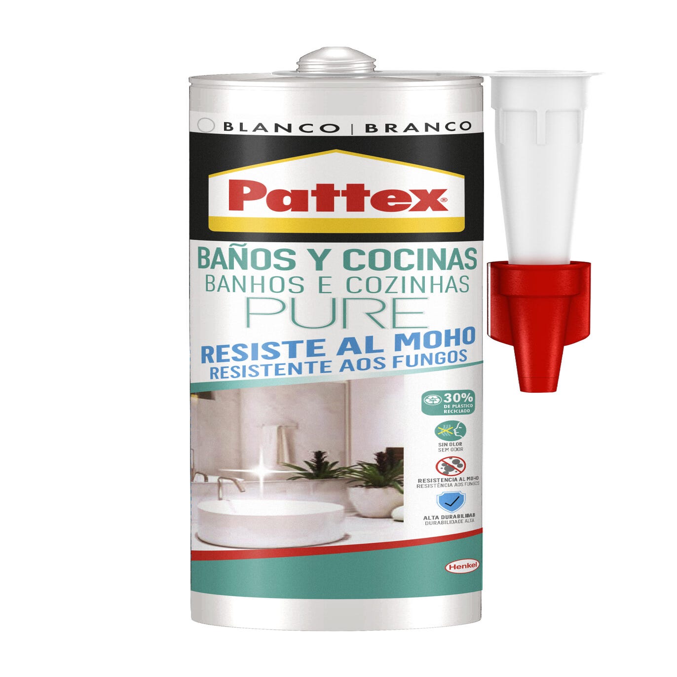 Pattex Baño Sano, silicona antimoho e impermeable, silicona blanca duradera  para cocina y baño, resistente silicona sanitaria, 1 cartucho x 280 ml