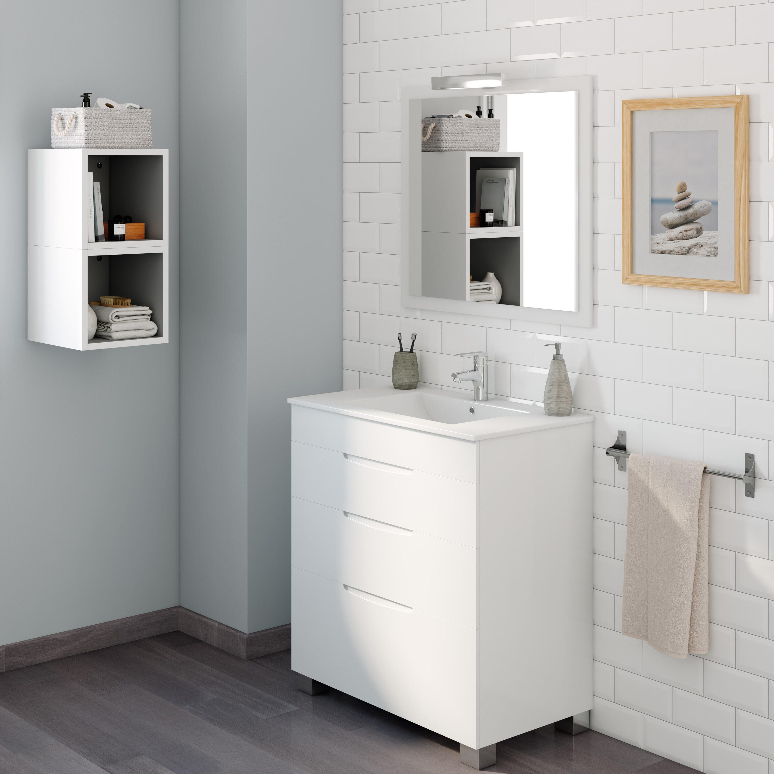 Mueble de baño con lavabo y espejo Asimétrico blanco 80x45 cm
