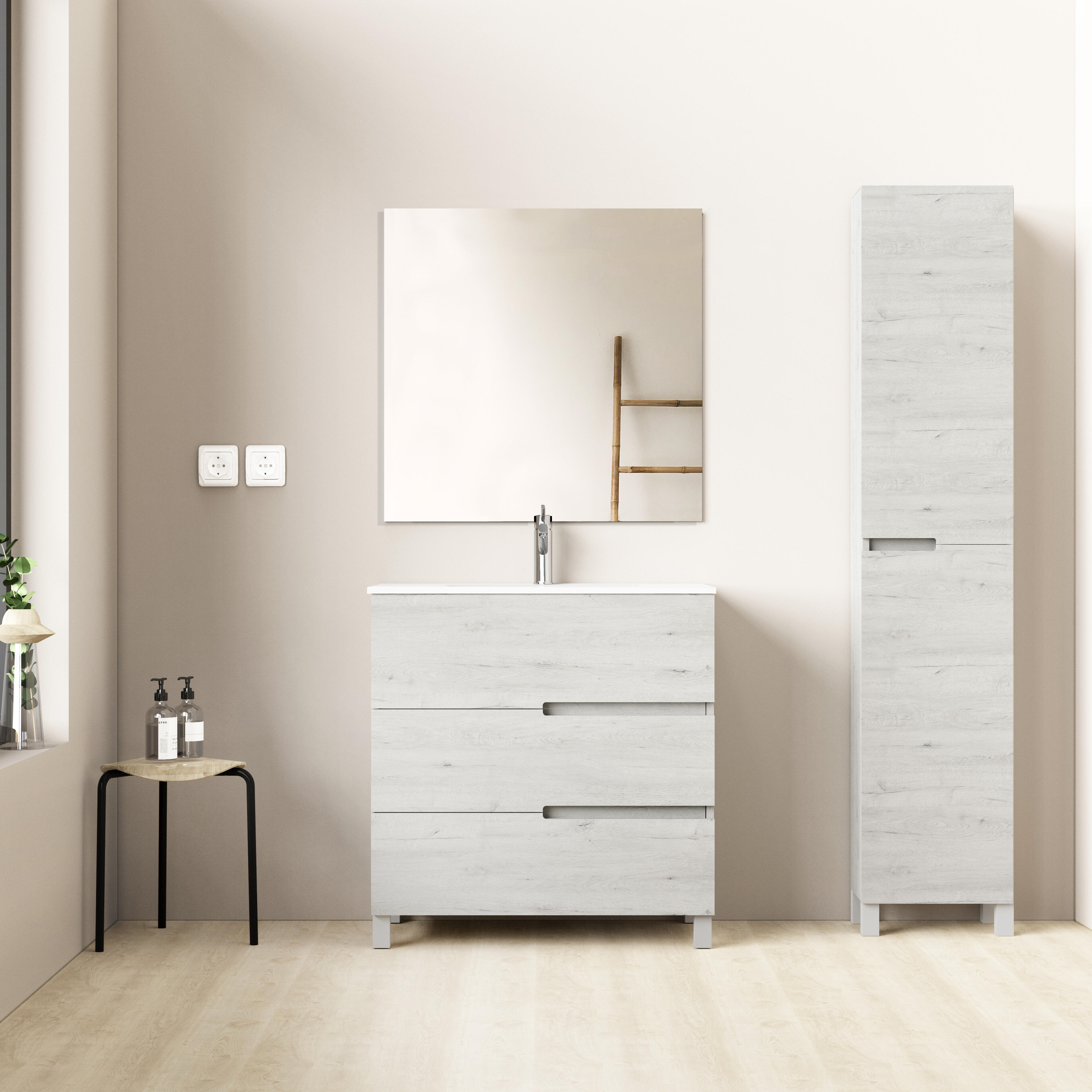 Mueble de baño con lavabo y espejo alda roble gris 80x45 cm