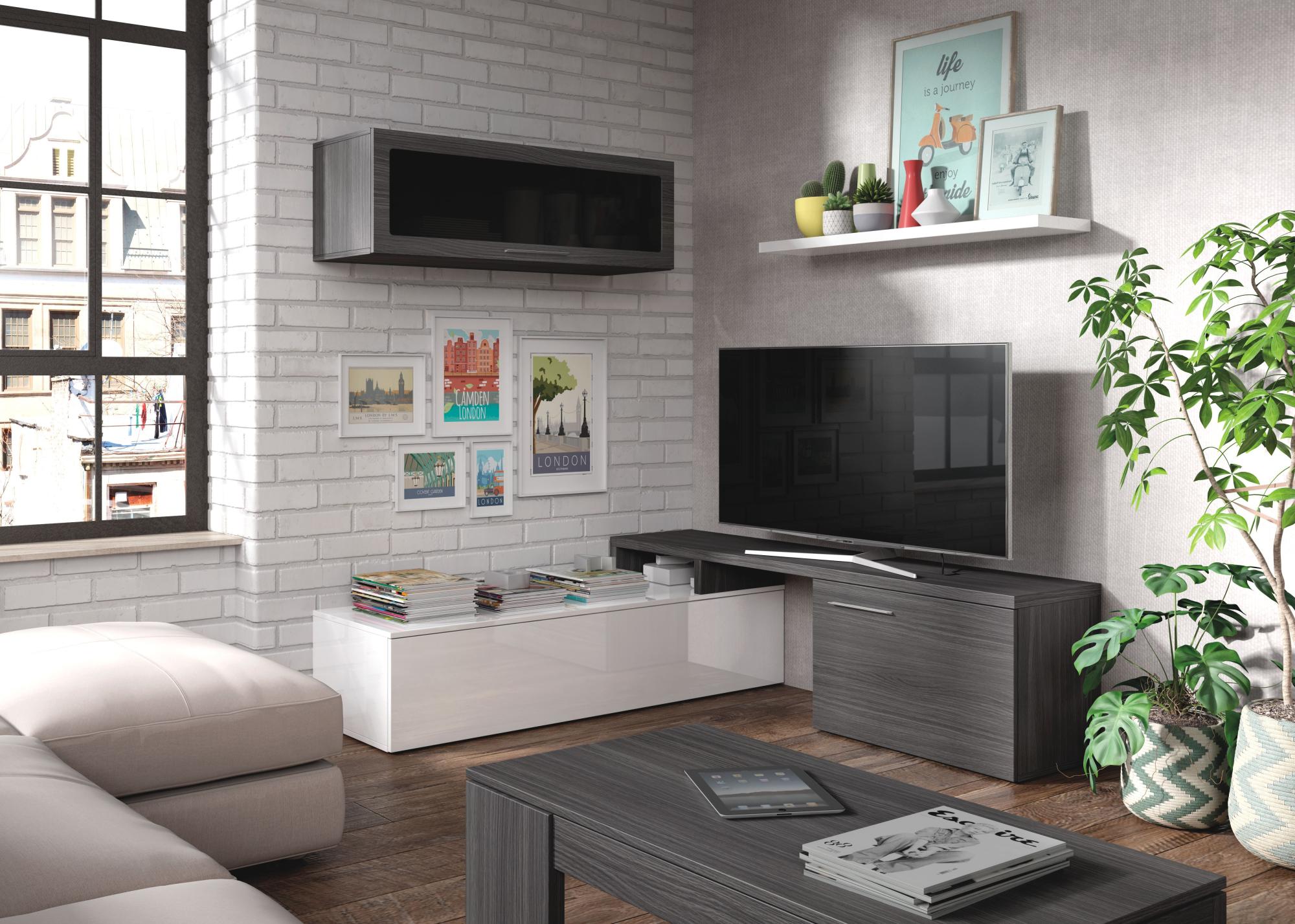Mueble de salón y tv nexo blanco y gris oscuro 44x200x41cm (anchoxaltoxfondo)
