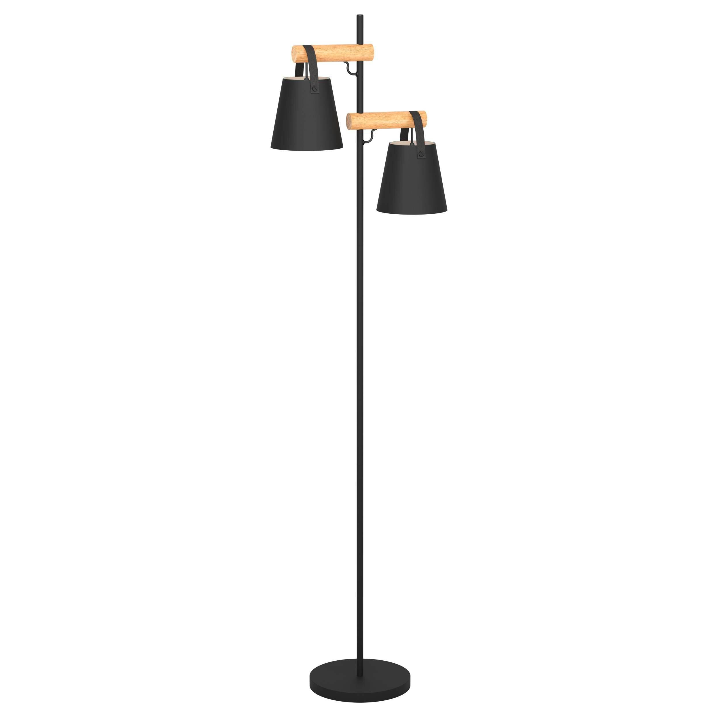 Lámpara de pie inspire pandore 2 luces e27 negro, madera y piel 165 cm de alto