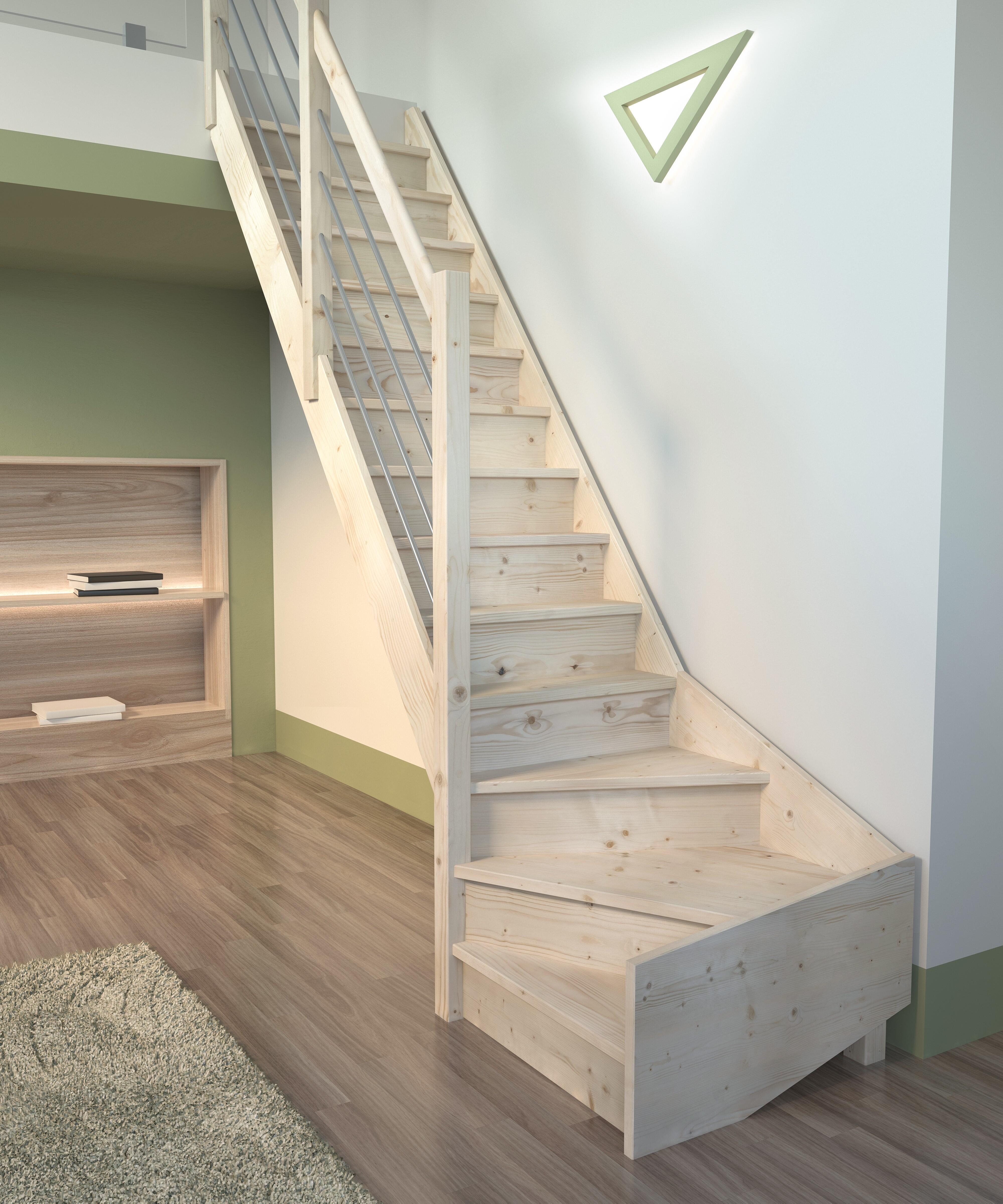 Escalera trendy de abeto 1/4 de vuelta izquierda con barandilla de aluminio de la marca SOGEM