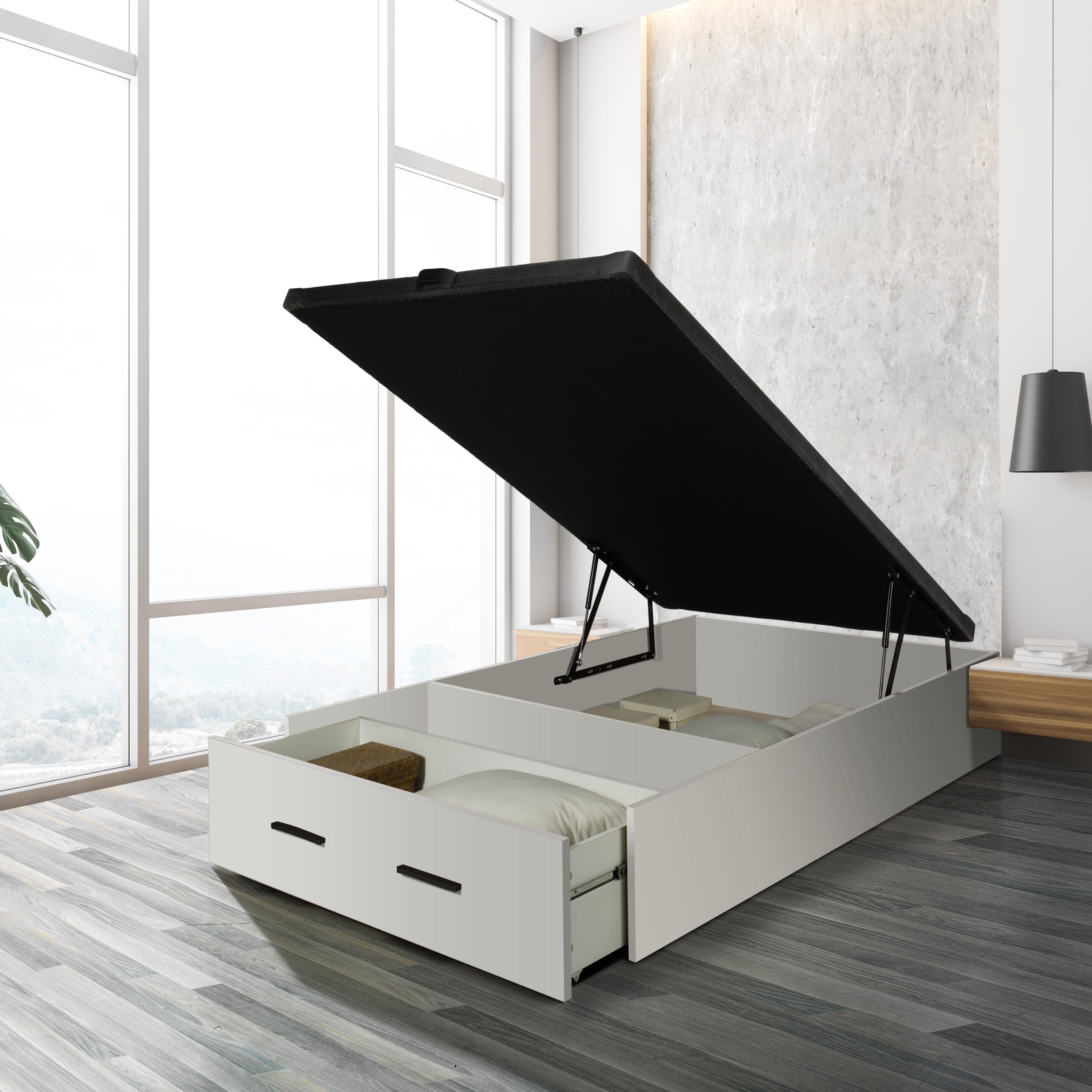 Cama canapé abatible Serie Maia blanco con 1 cajón para colchón de  150x190cm
