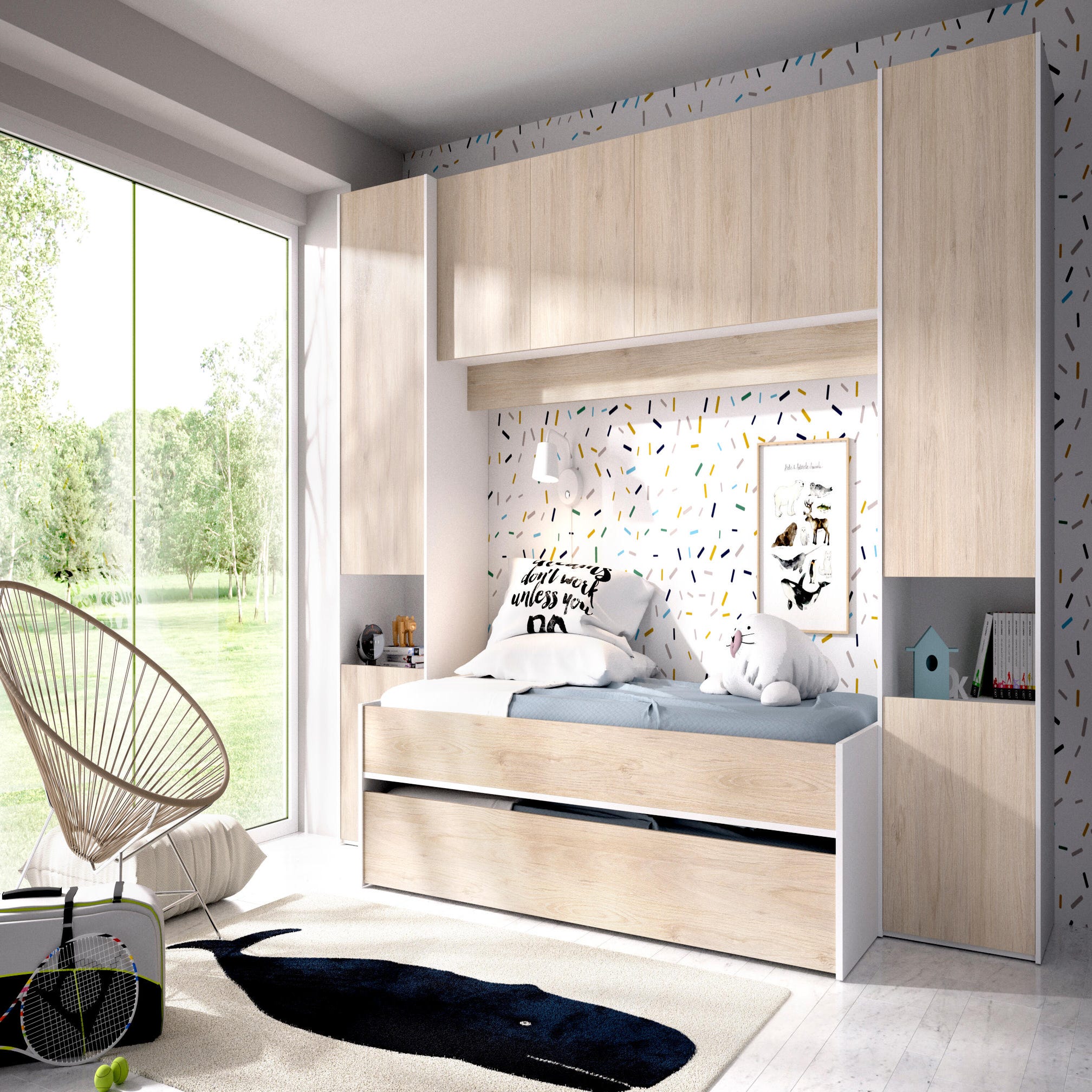 Dormitorio infantil con armario, cama nido de 4 cajones y escritorio.