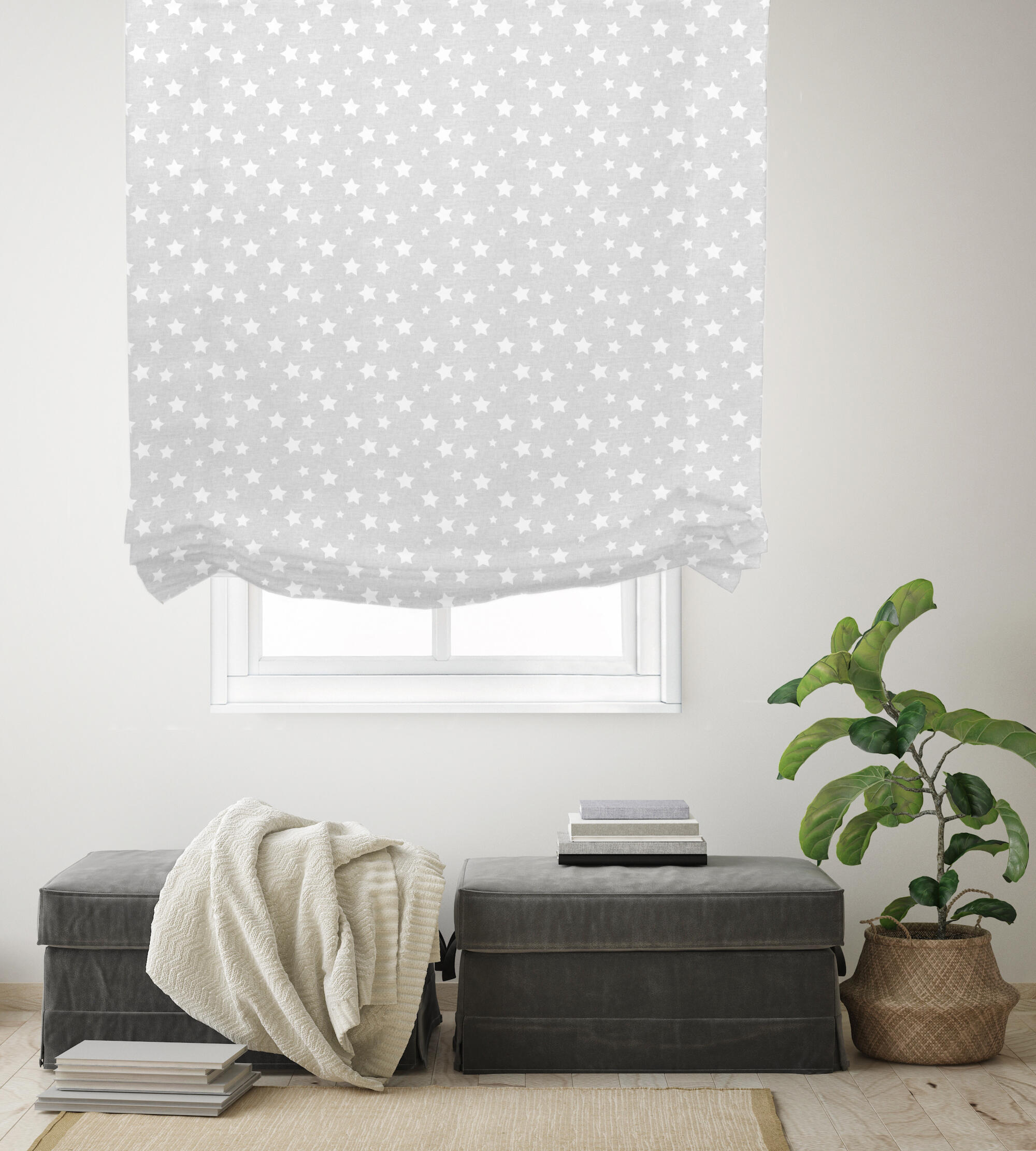 Estor plegable paqueto estrellas fondo gris de 120x175 cm