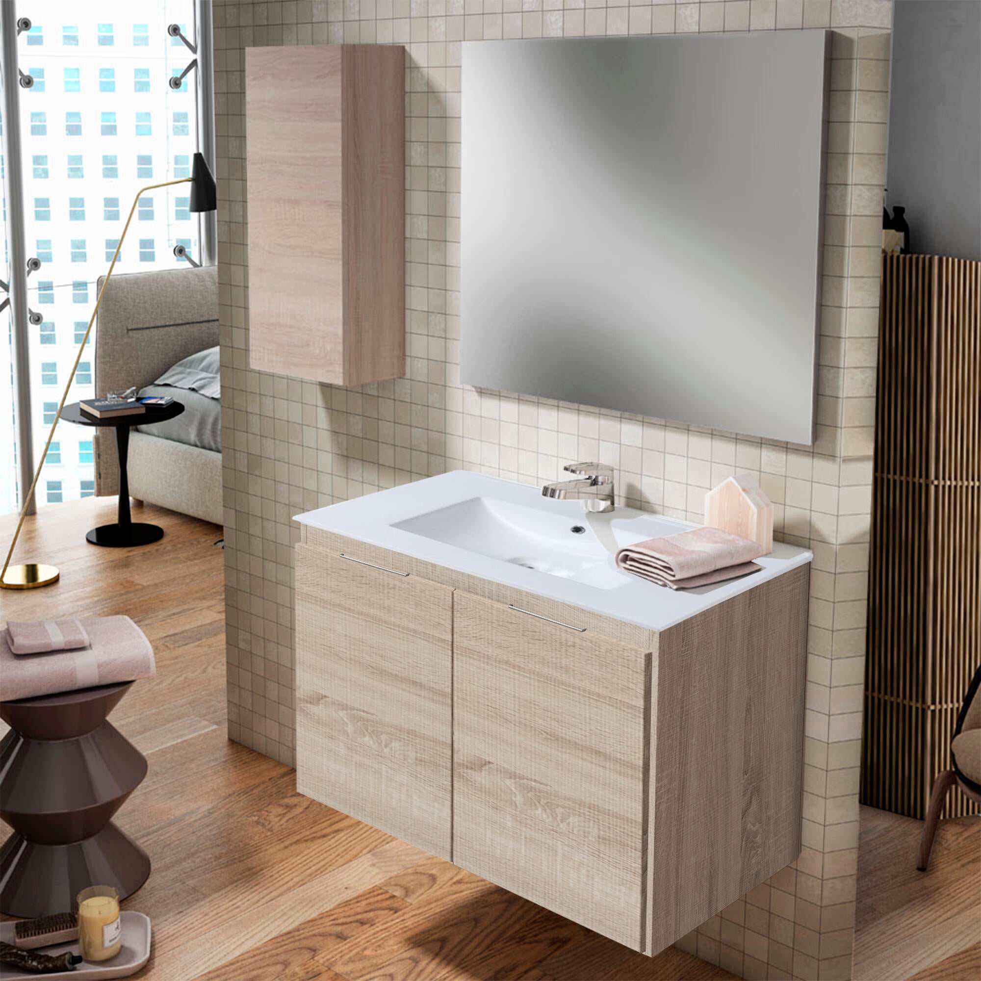Mueble de baño con lavabo y espejo prima roble claro 80 cm