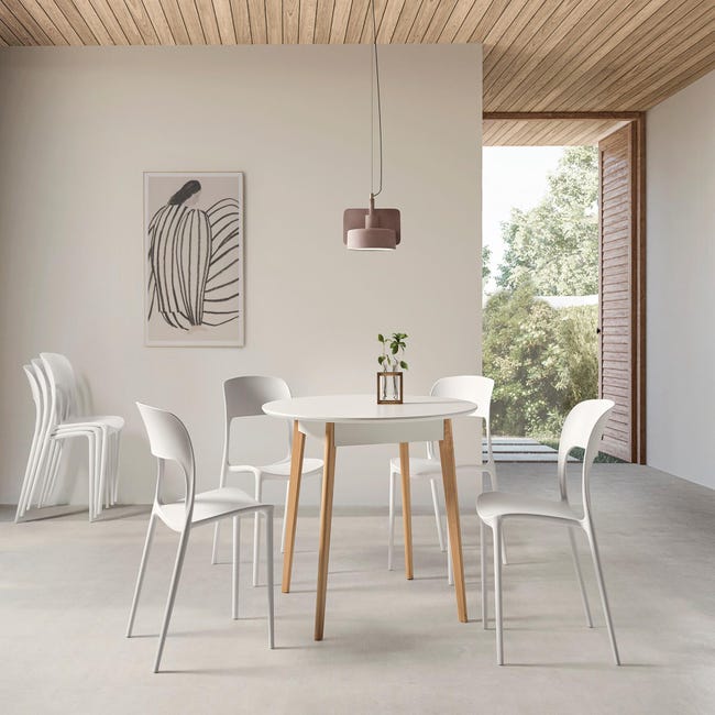 Mesa de cocina redonda blanca y madera Amaya de 100 x 76 x 100 cm