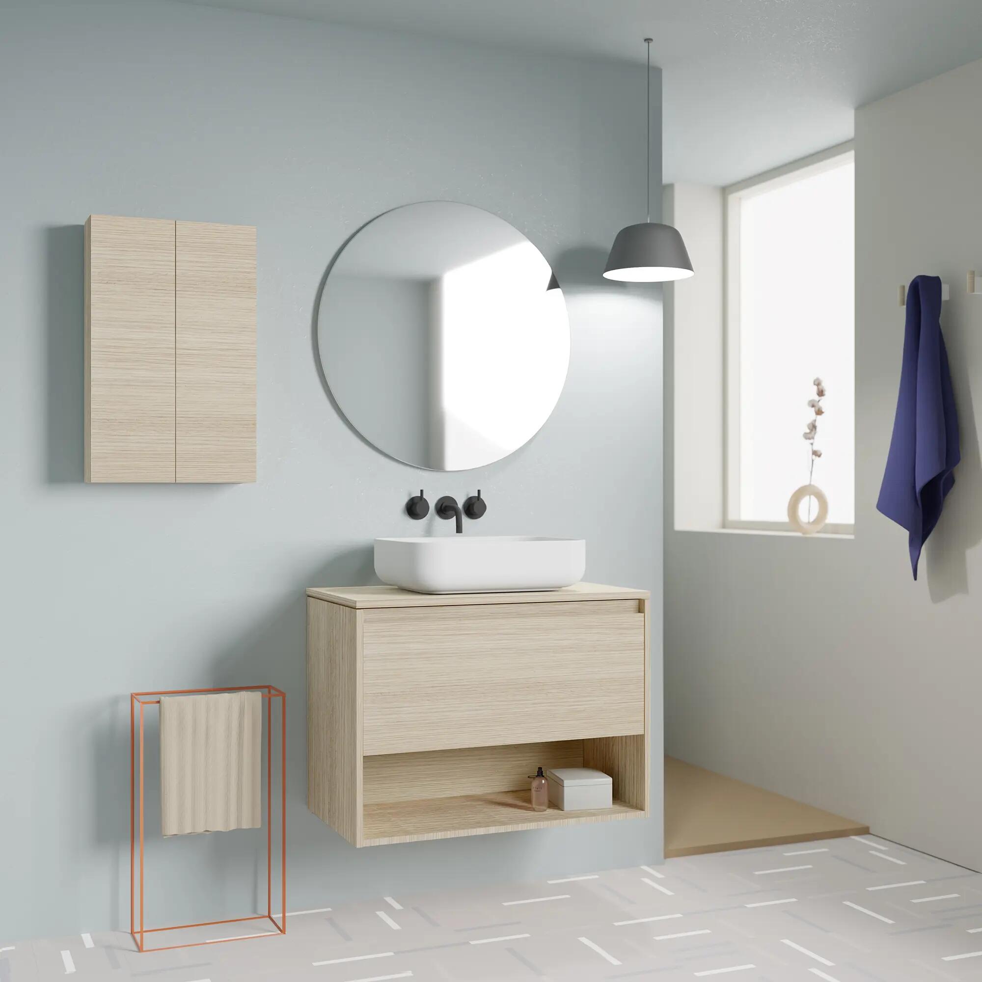 Pack de mueble de baño con lavabo y espejo niwa roble gris 80x45 cm