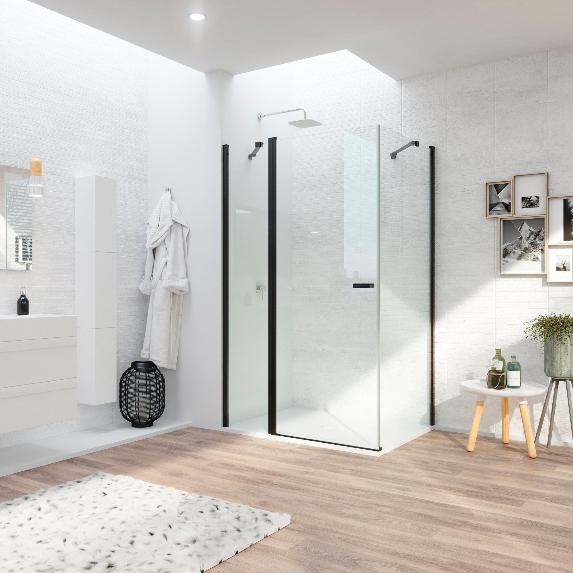 Mampara abatible open transparente perfil negro mate 6mm (107-109/77-79)x195cm de la marca GLASSINOX