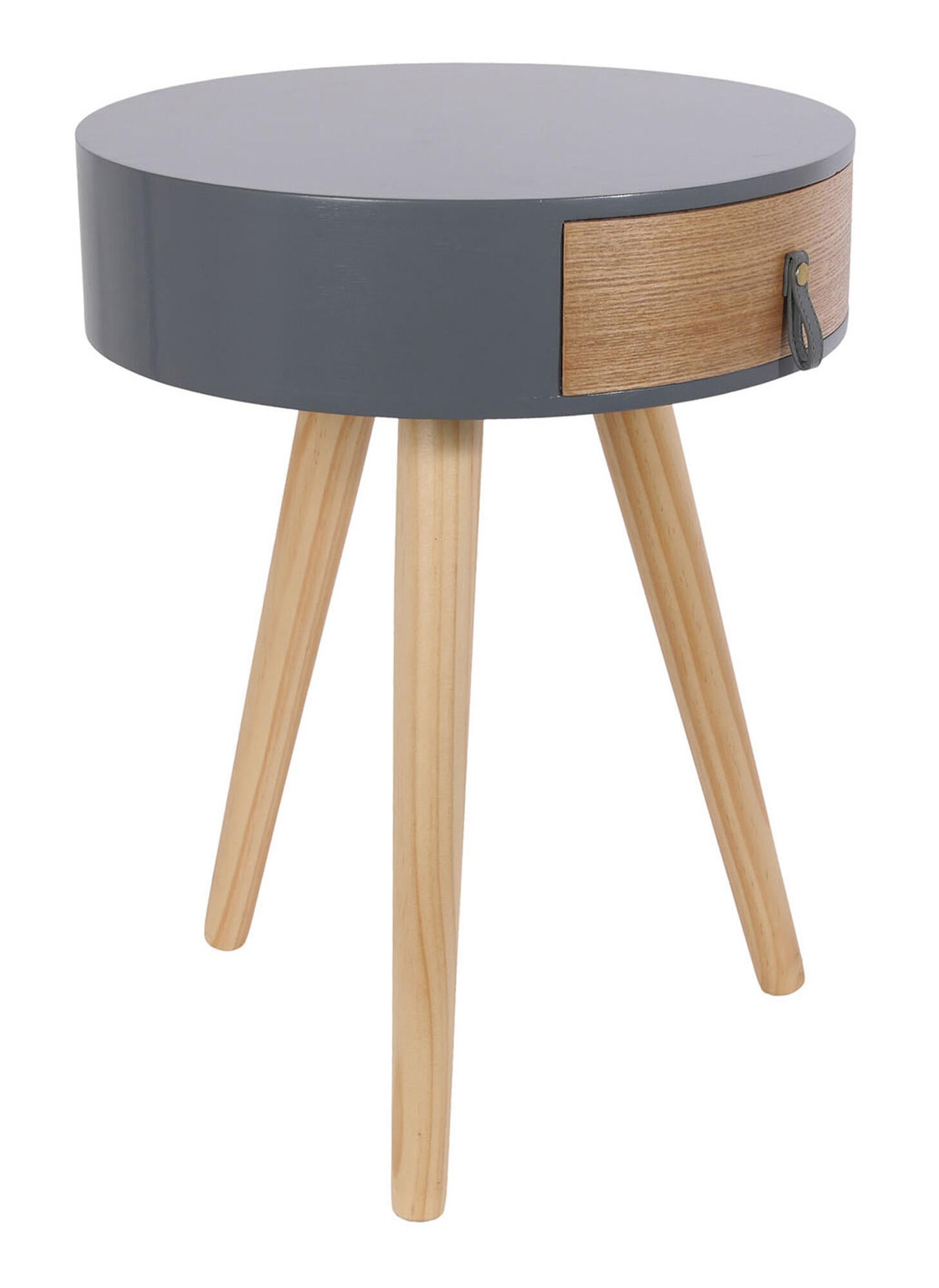 Mesita de noche redonda de madera color gris con un cajón de 46,5x35x35cm