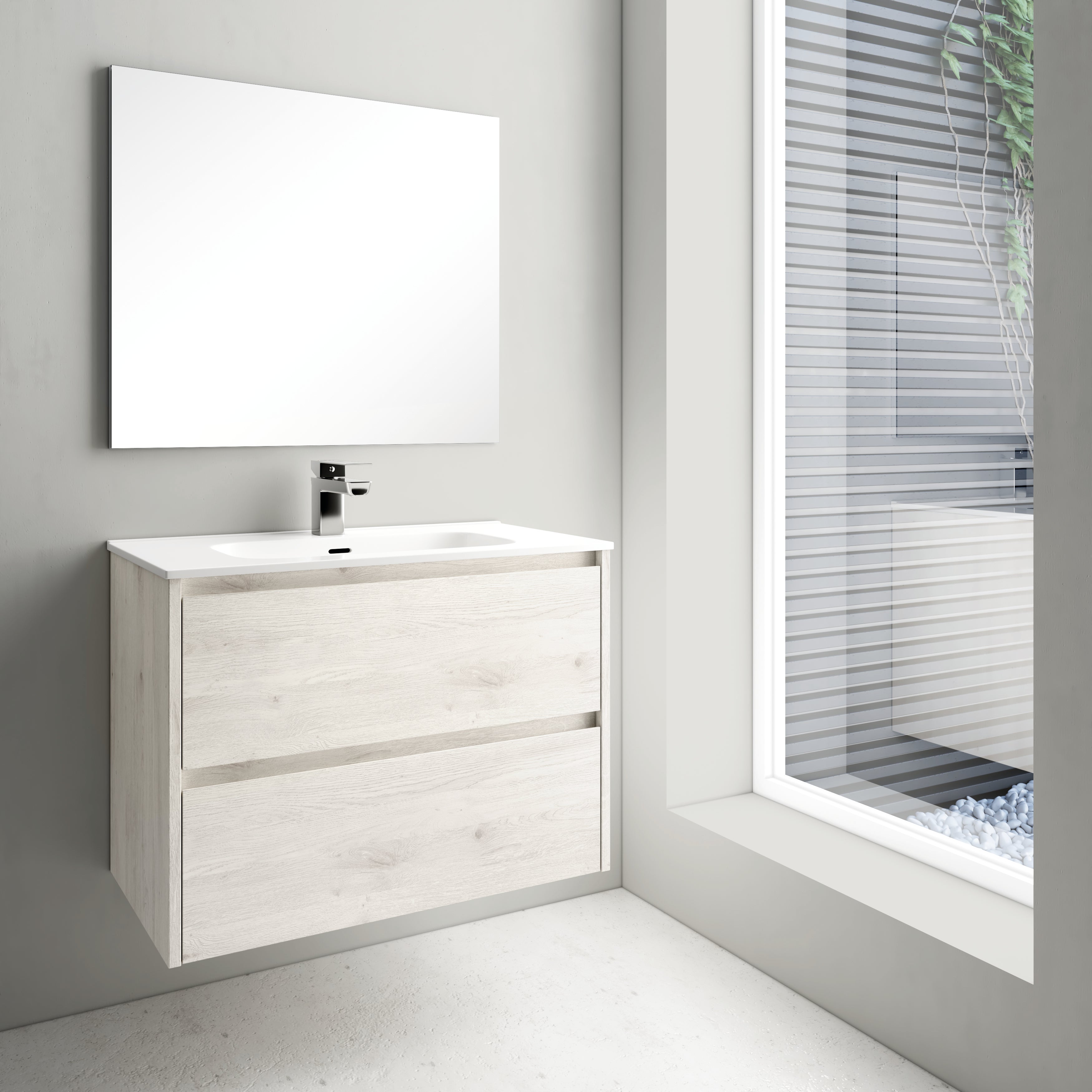 Pack de mueble de baño con lavabo moon roble blanqueado 80x45 cm