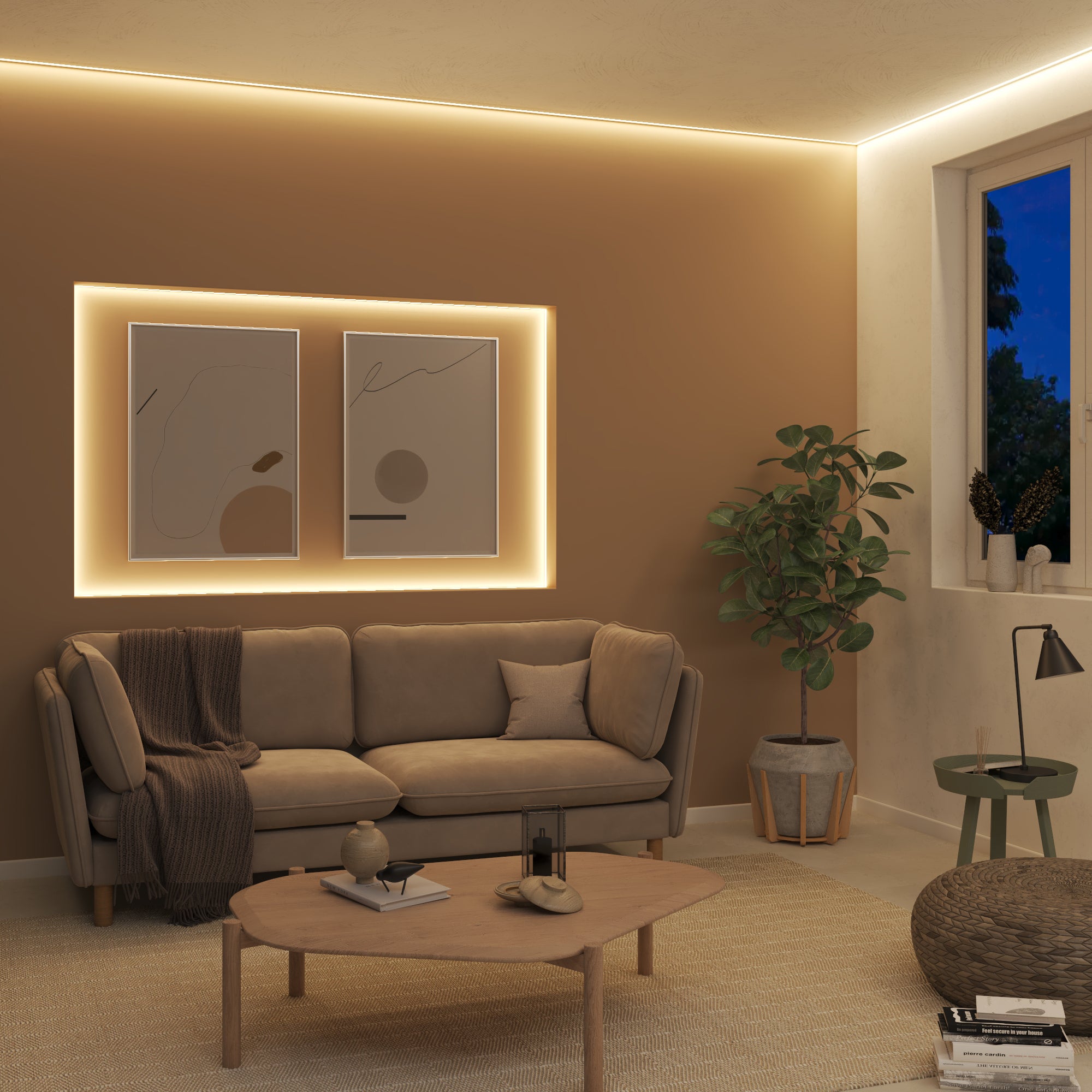 Salon moderno con luz led indirecta en el techo y bajo el mueble