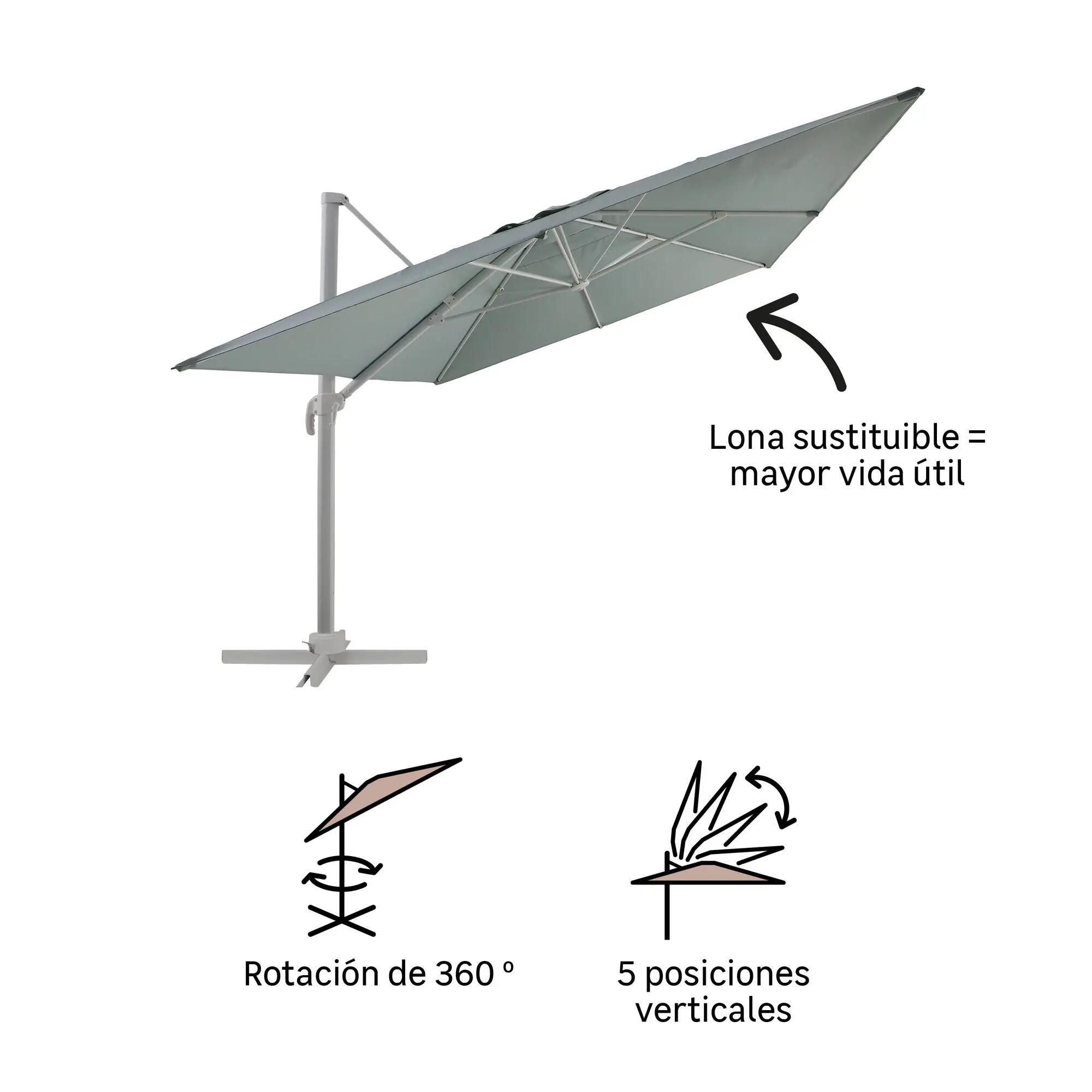 Parasol excéntrico rectangular de aluminio/acero naterial aura sage 293x386 cm