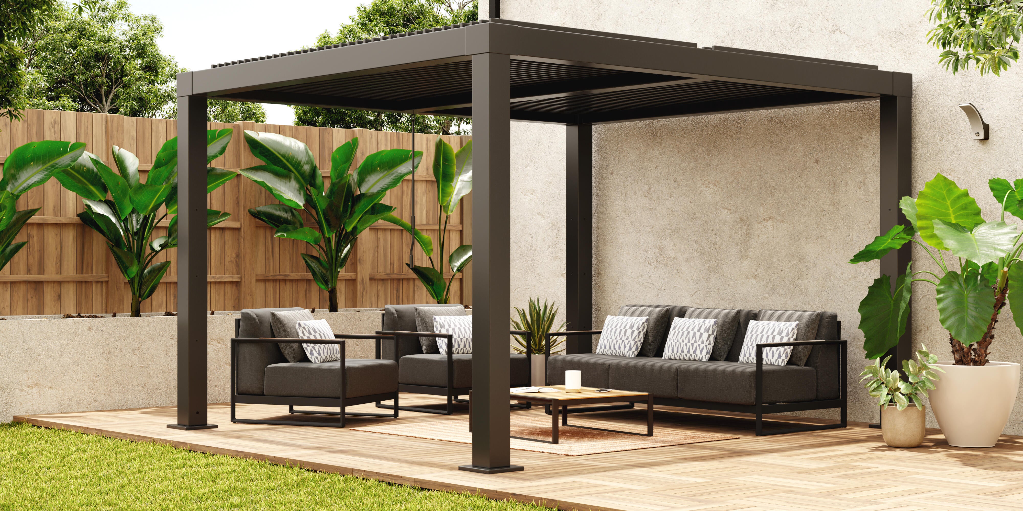 Pérgola de aluminio naterial clima bio gris de 358x313 cm