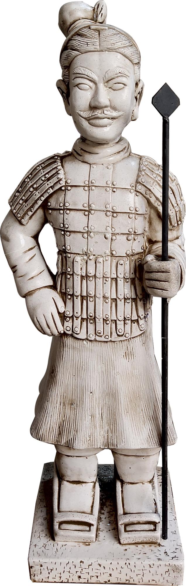 Figura decorativa guerrero chino con lanza de 82 cm ceniza