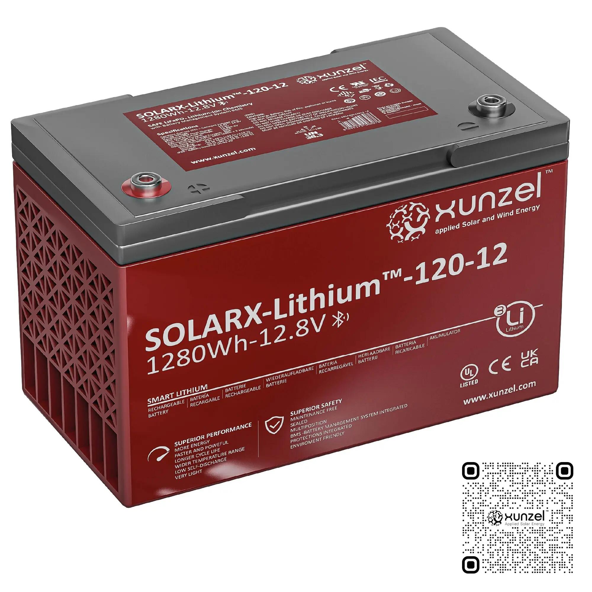 Batería solar solarx-lithium-120-1280wh xunzel 12v segura, bms