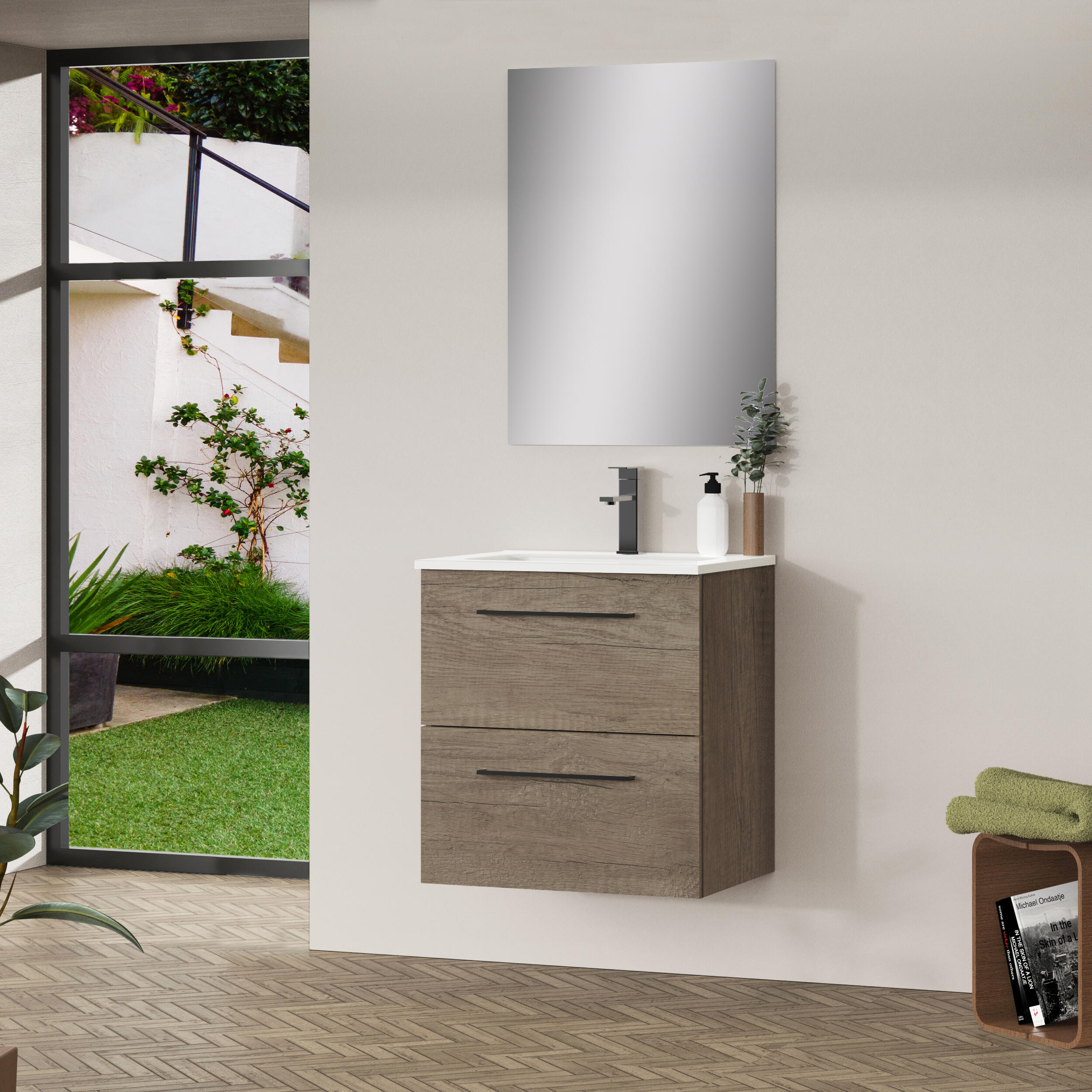 Mueble de baño con lavabo y espejo new sand castaño 60x46 cm