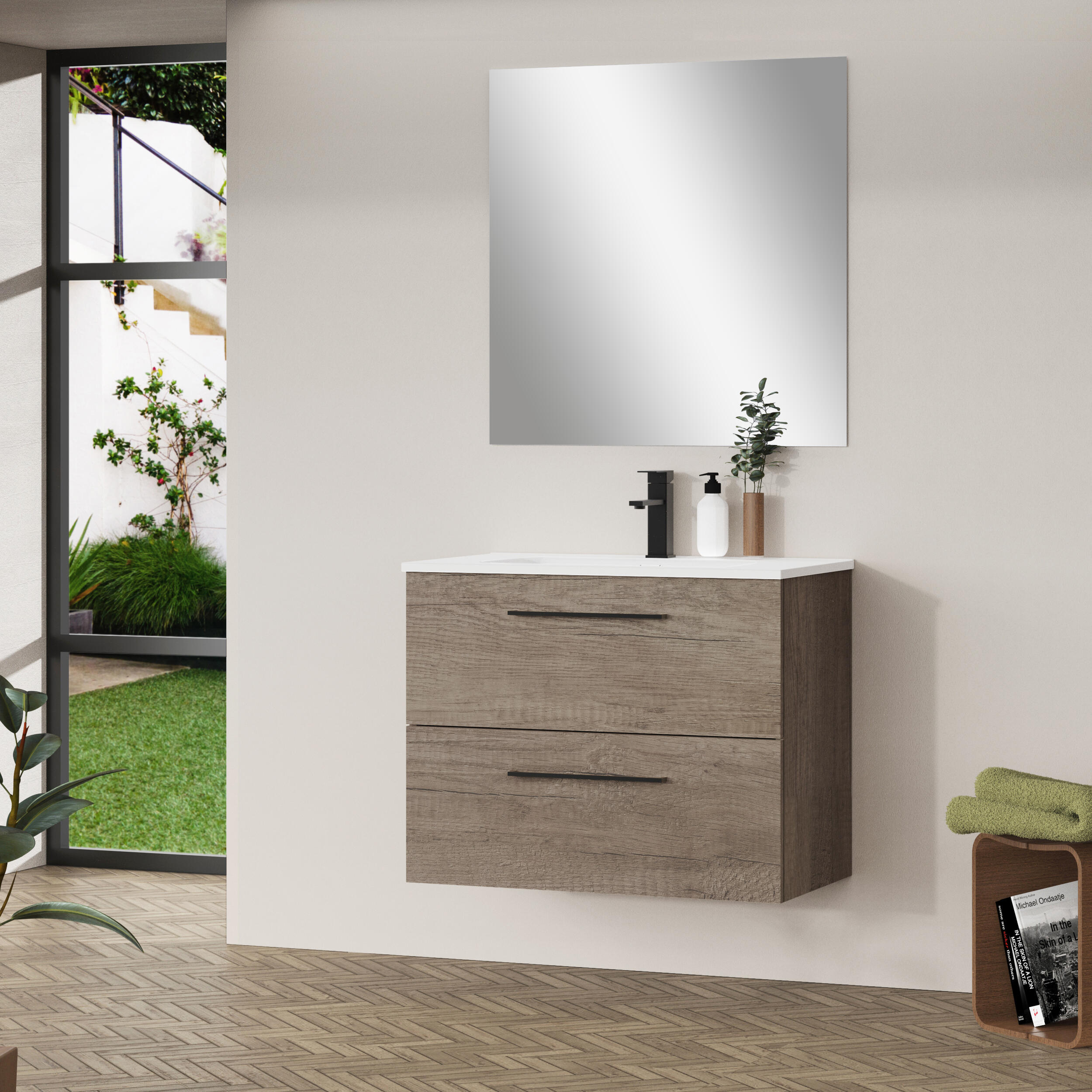 Mueble de baño con lavabo y espejo new sand castaño 80x46 cm