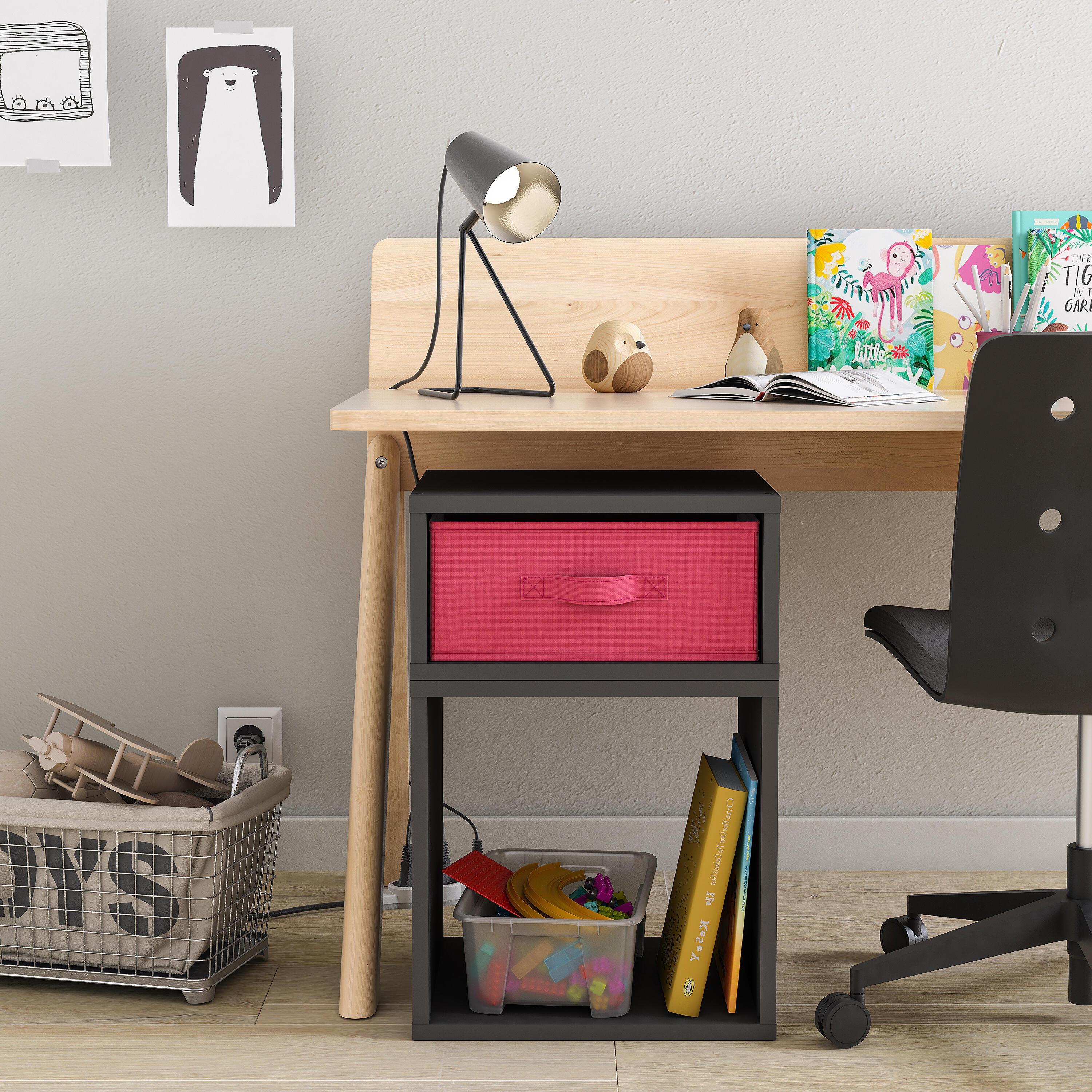 Mueble bajo escritorio infantil kub color negro de 59x36x31,7 cm