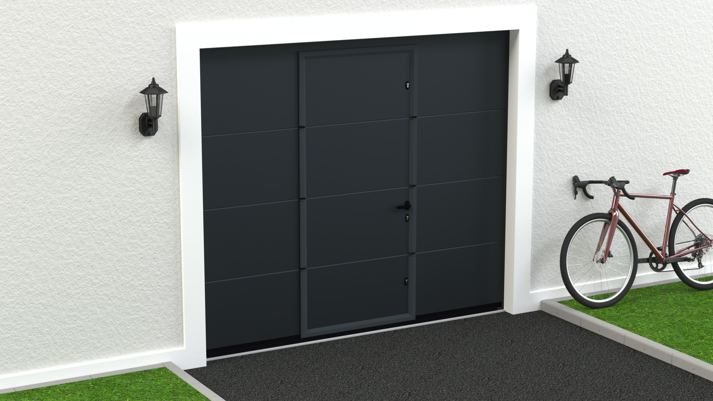 Puerta de garaje motorizada color gris liso con puerta peatonal de 2500x2125cm