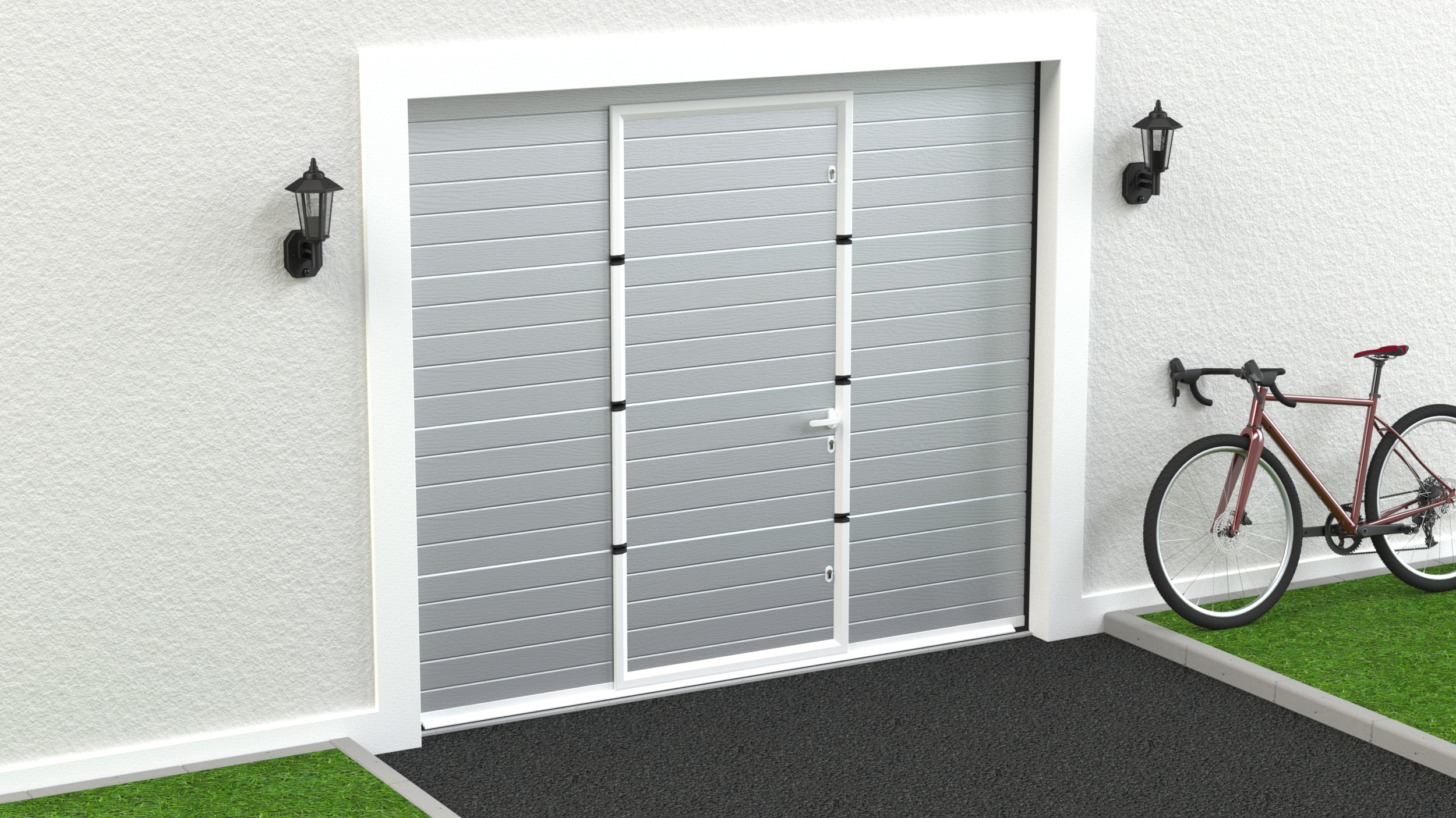 Puerta de garaje motorizada color blanco rugoso con puerta peatonal 2500x2125cm