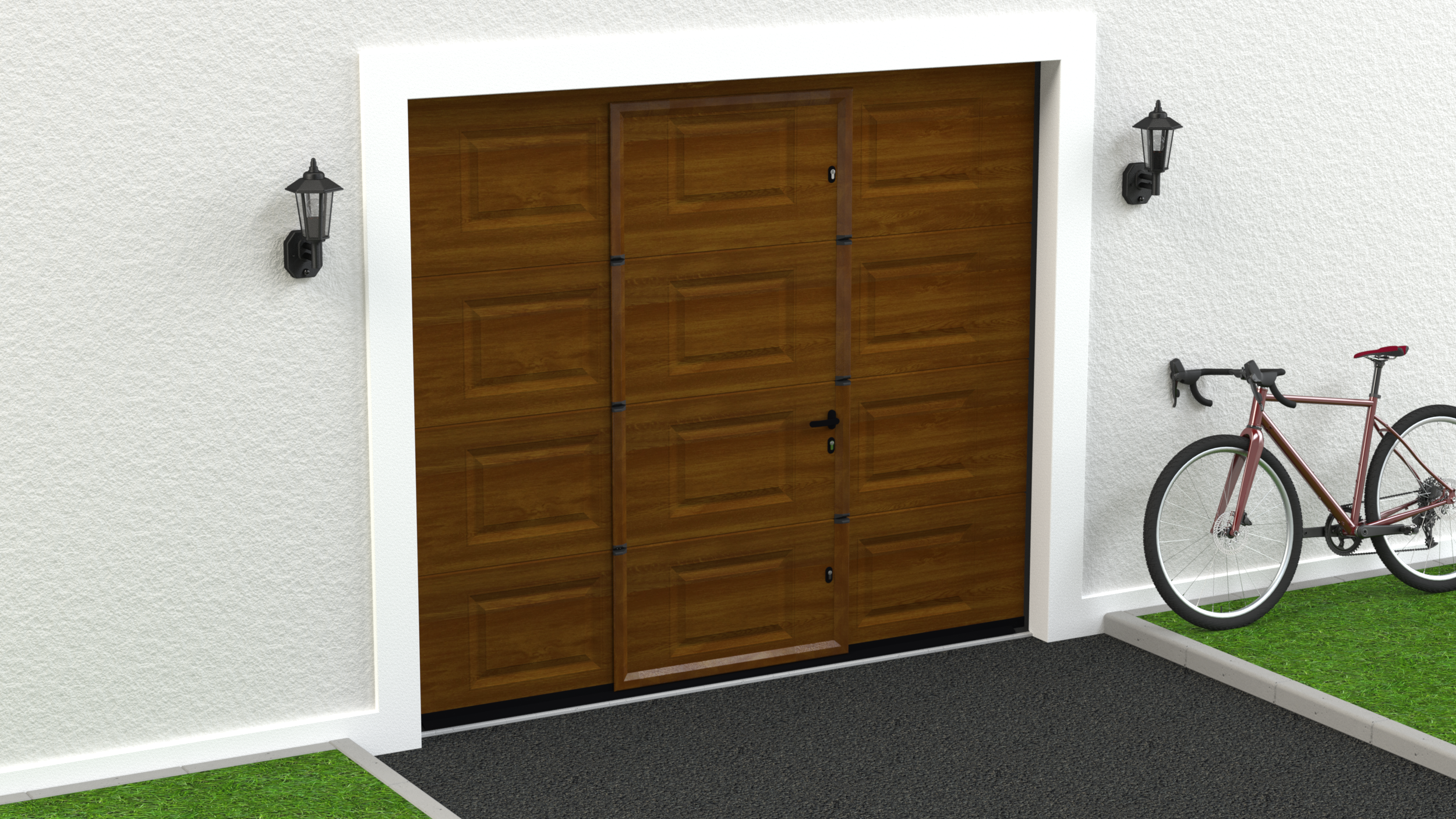 Puerta de garaje motorizada color madera con puerta peatonal de 2500x2125cm
