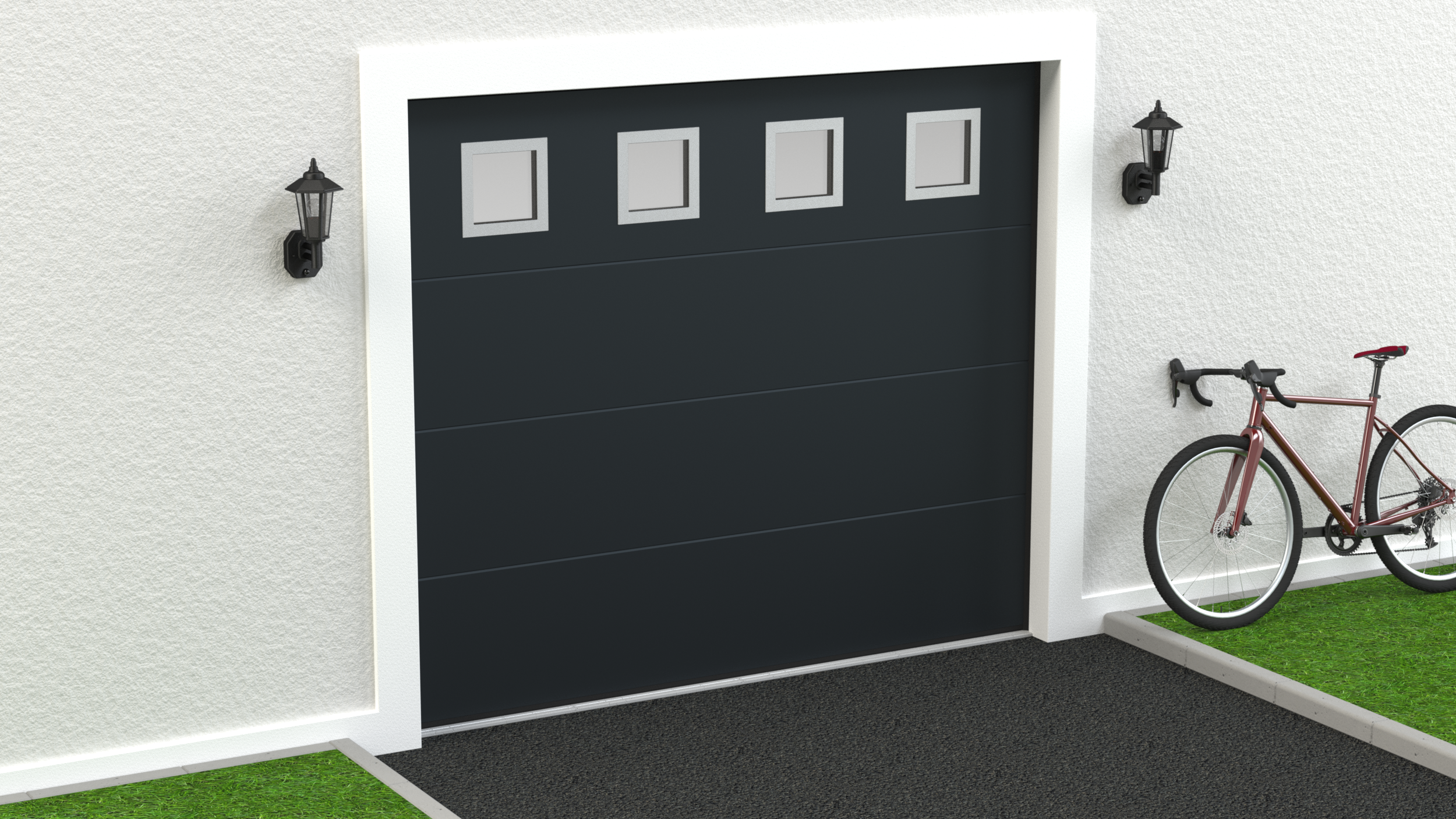 Puerta de garaje motorizada color gris liso con 4 ventanas de 2500x2125cm