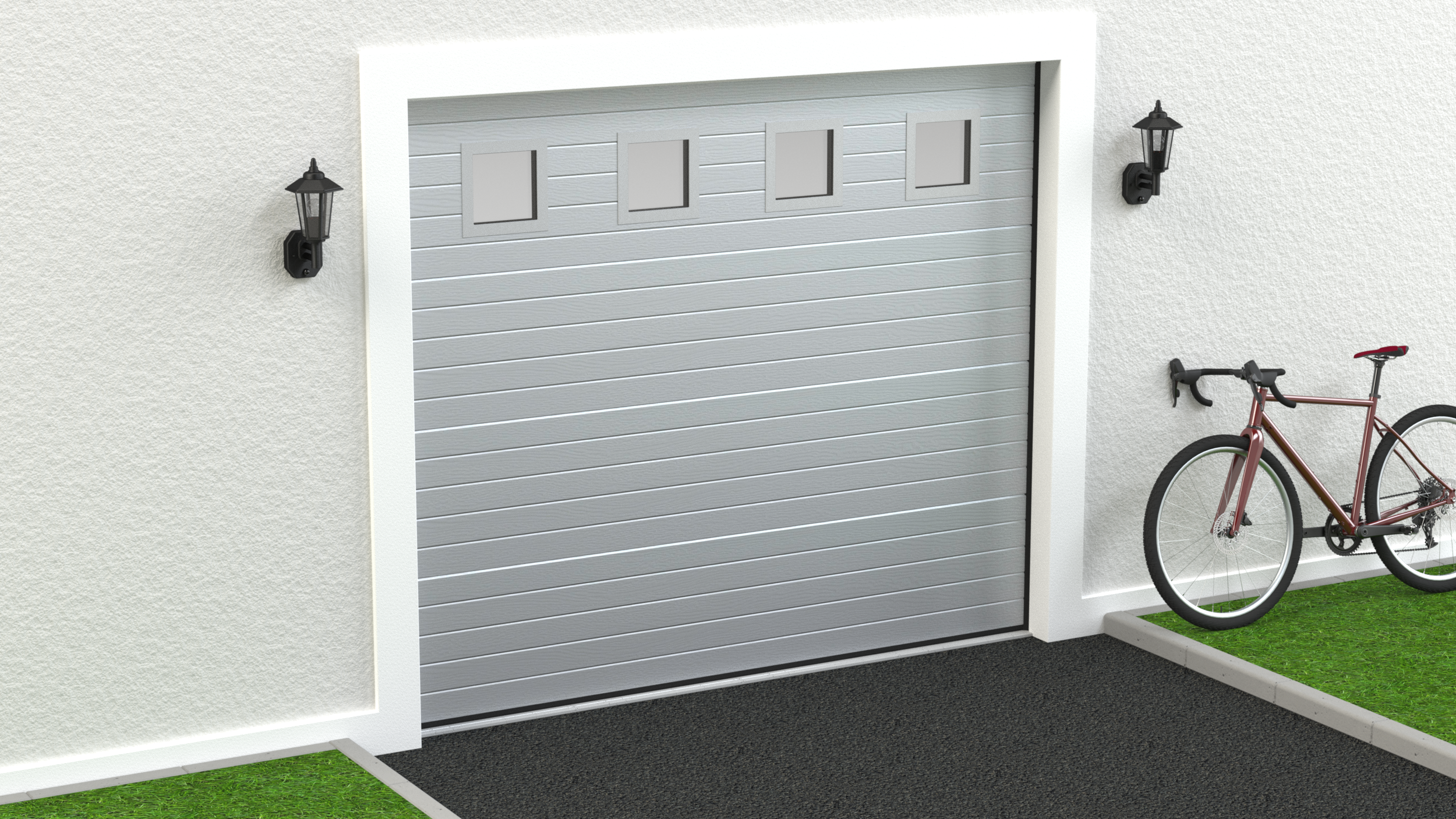 Puerta de garaje motorizada color blanco rugoso con 4 ventanas de 2500x2125cm