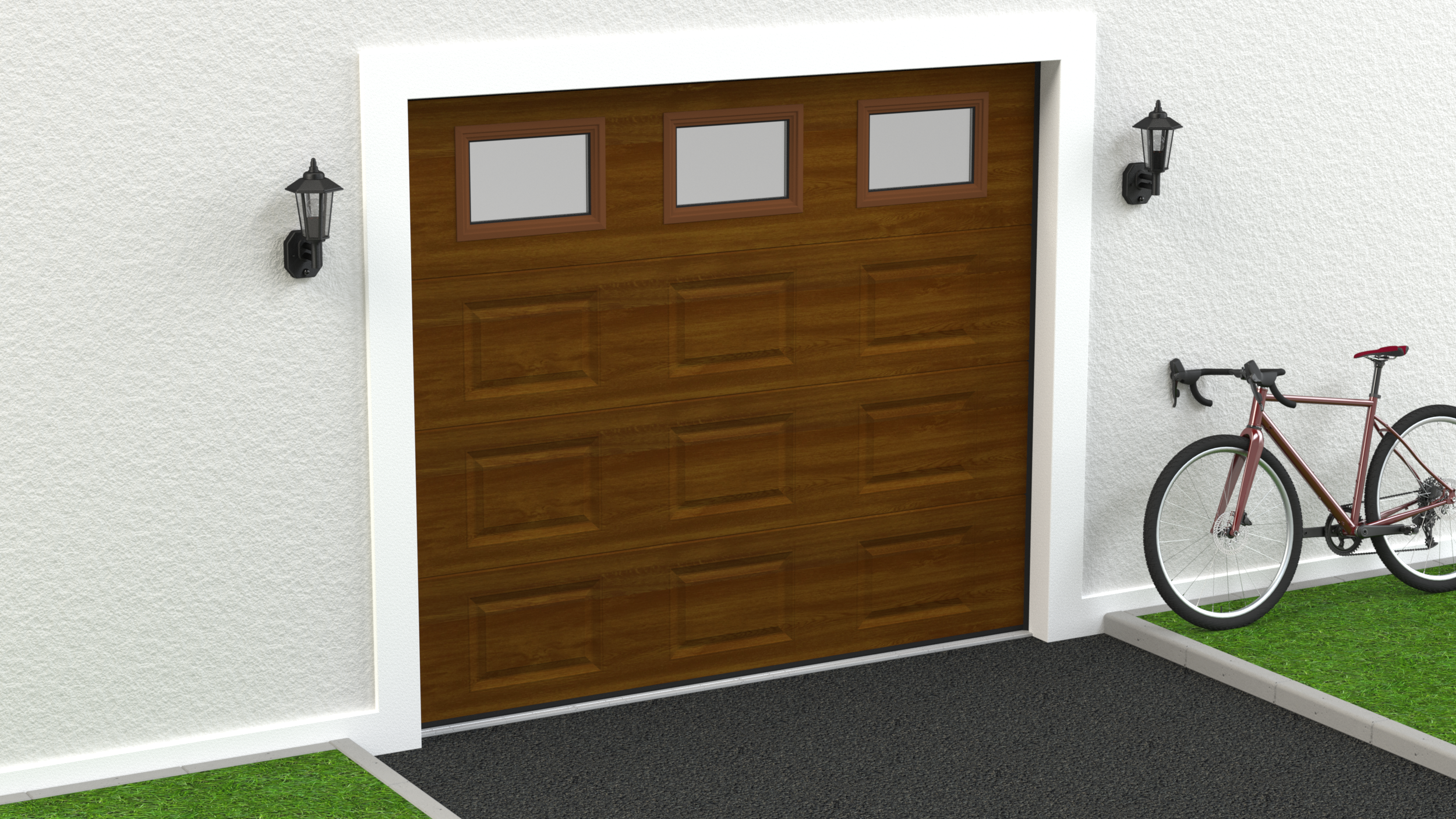 Puerta de garaje motorizada color madera con 3 ventanas de 2500x2125cm