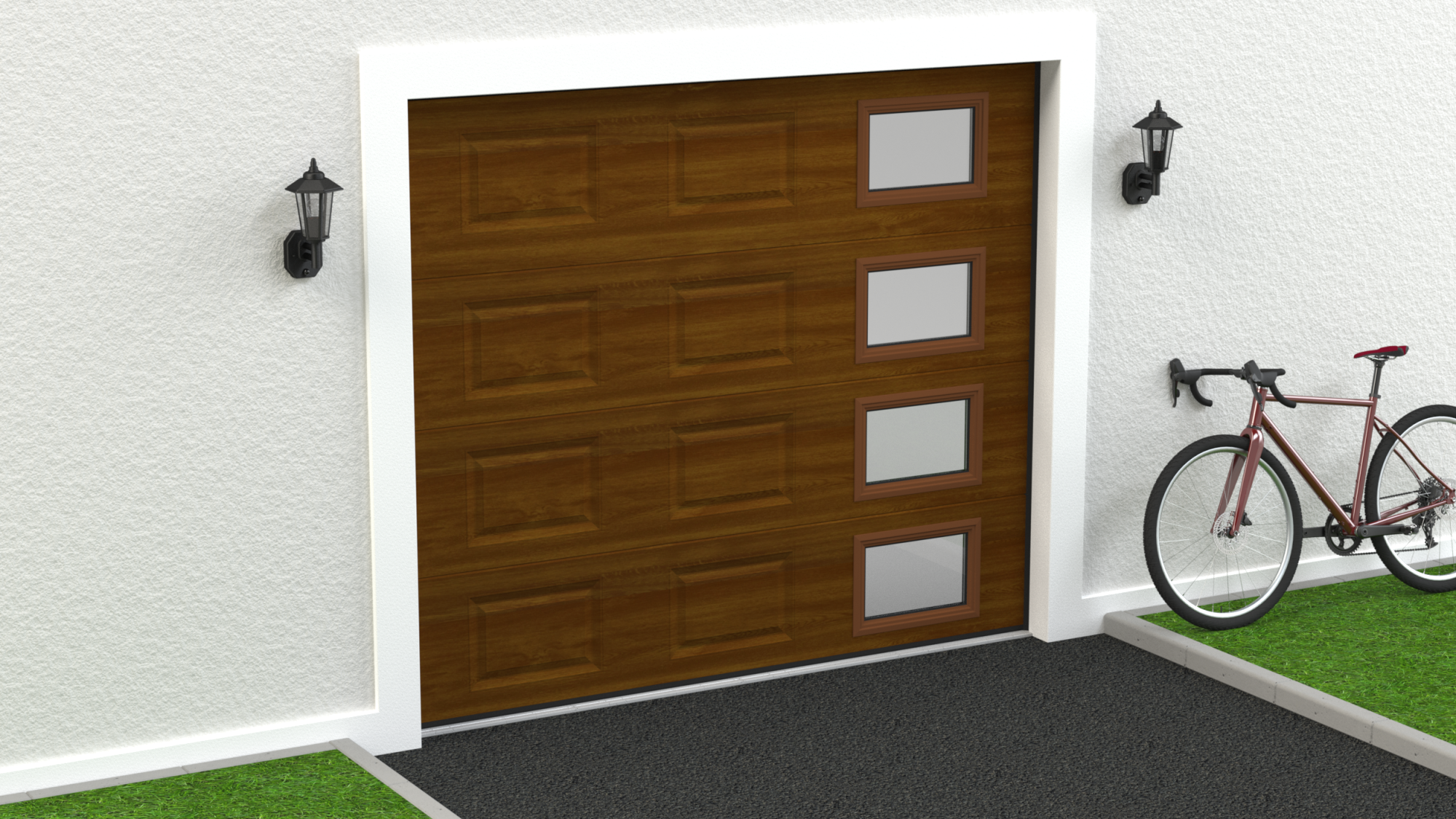 Puerta garaje motorizada color madera rugoso 4 ventanas laterales 2500x2125cm