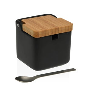 Salero de Cocina de Cerámica cuadrado con tapa de madera de Bambú Color  negro
