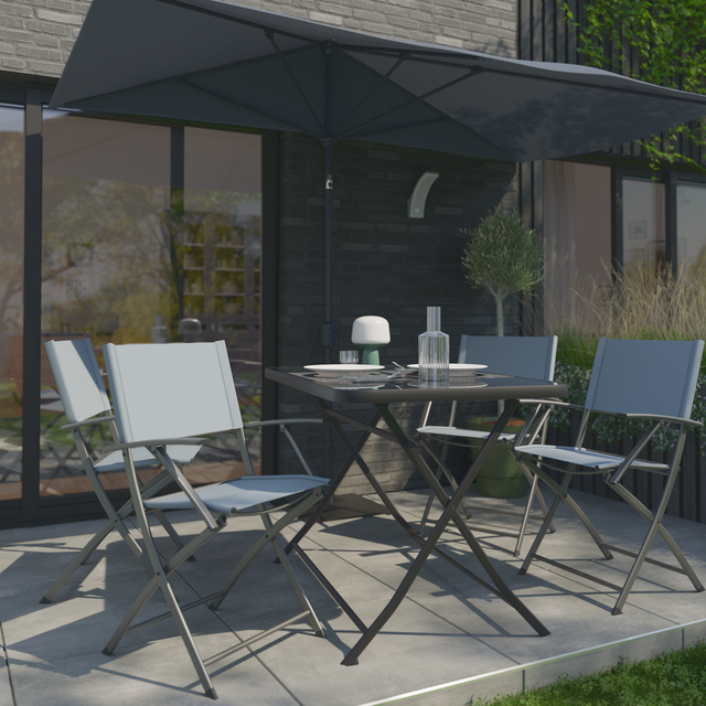 Conjunto de balcón terraza mesa plegable 70x70 + 2 sillas con brazos con  cojines - Java Light