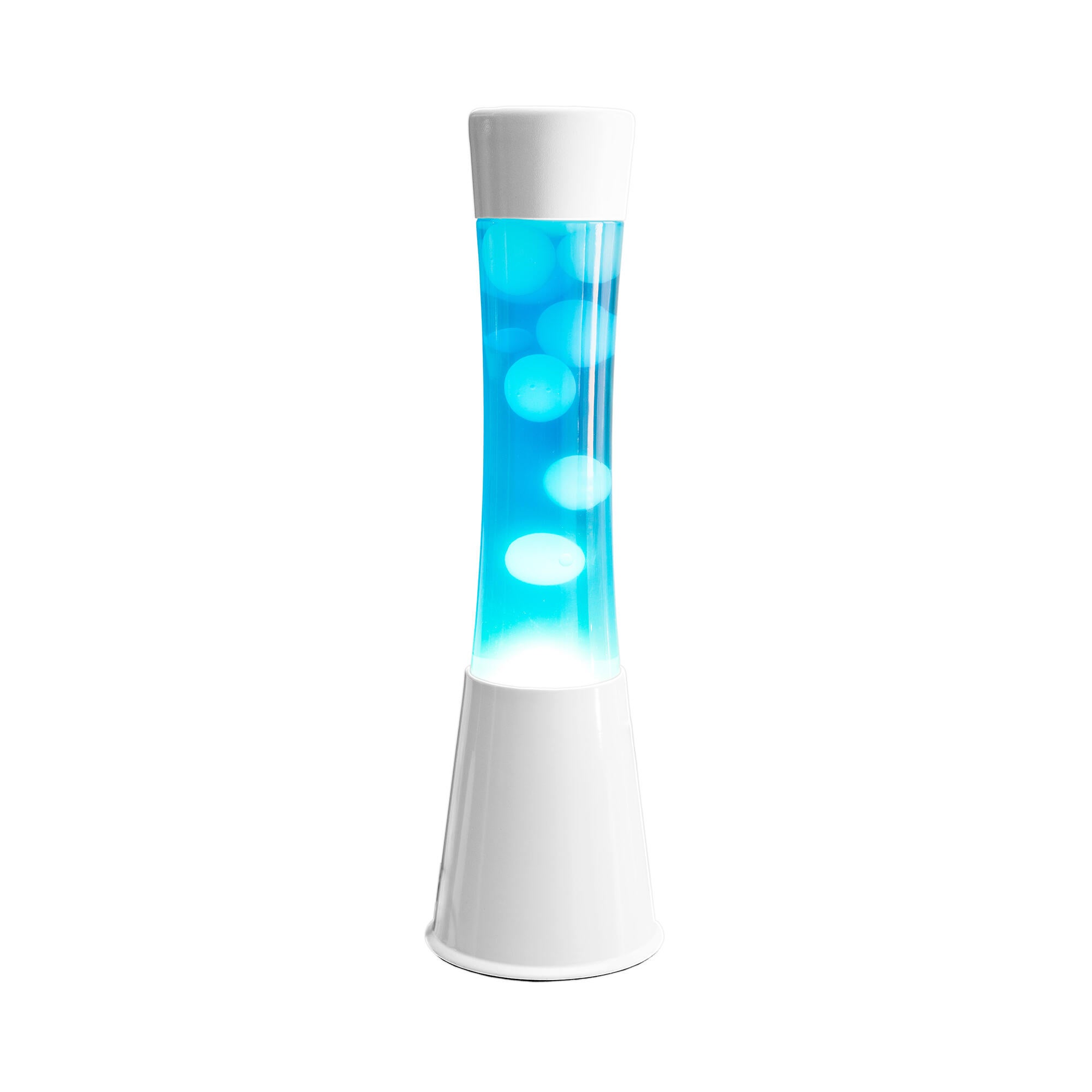 Lámpara de mesa lava blanco y líquido azul con base blanca