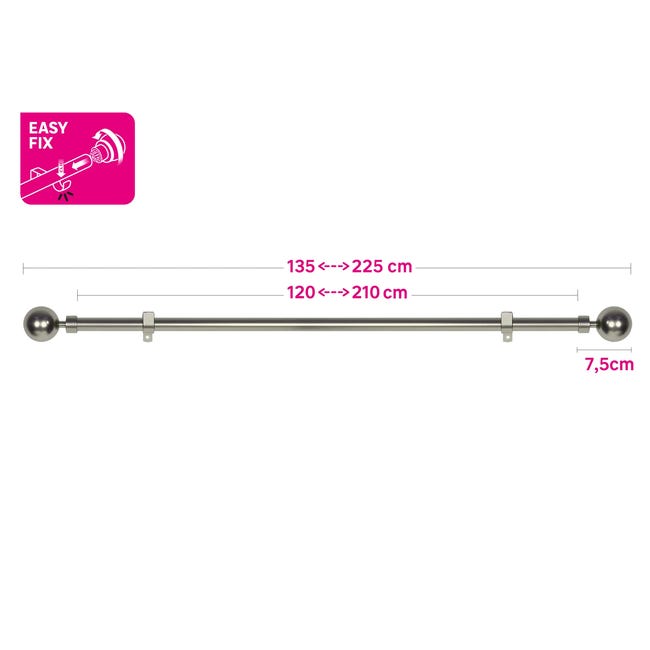 Kit de barras para cortina metal Ball INSPIRE plata D13-16 mm ext 120 a 210  cm