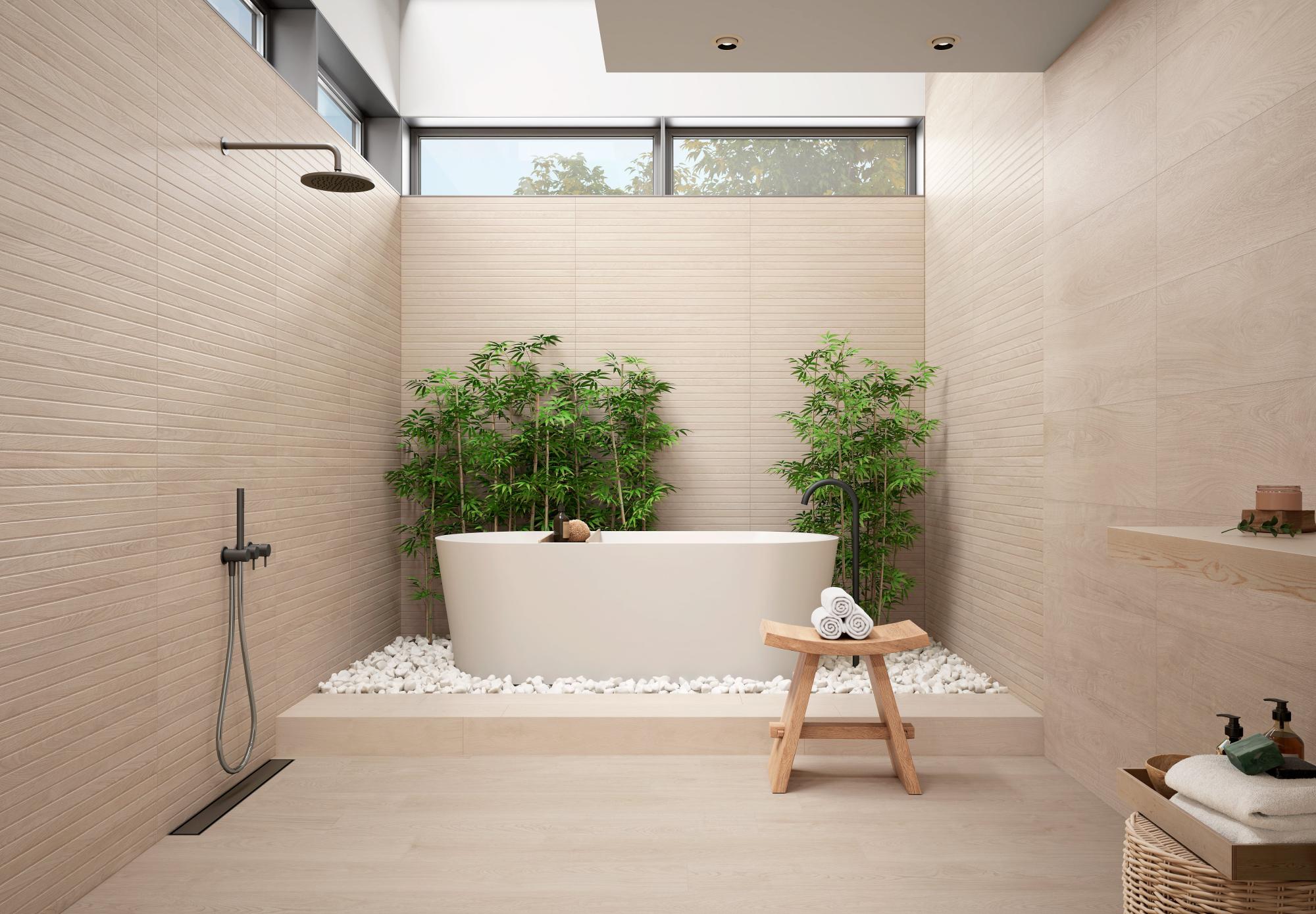 Azulejo cerámico clash efecto madera beige 30x90 cm