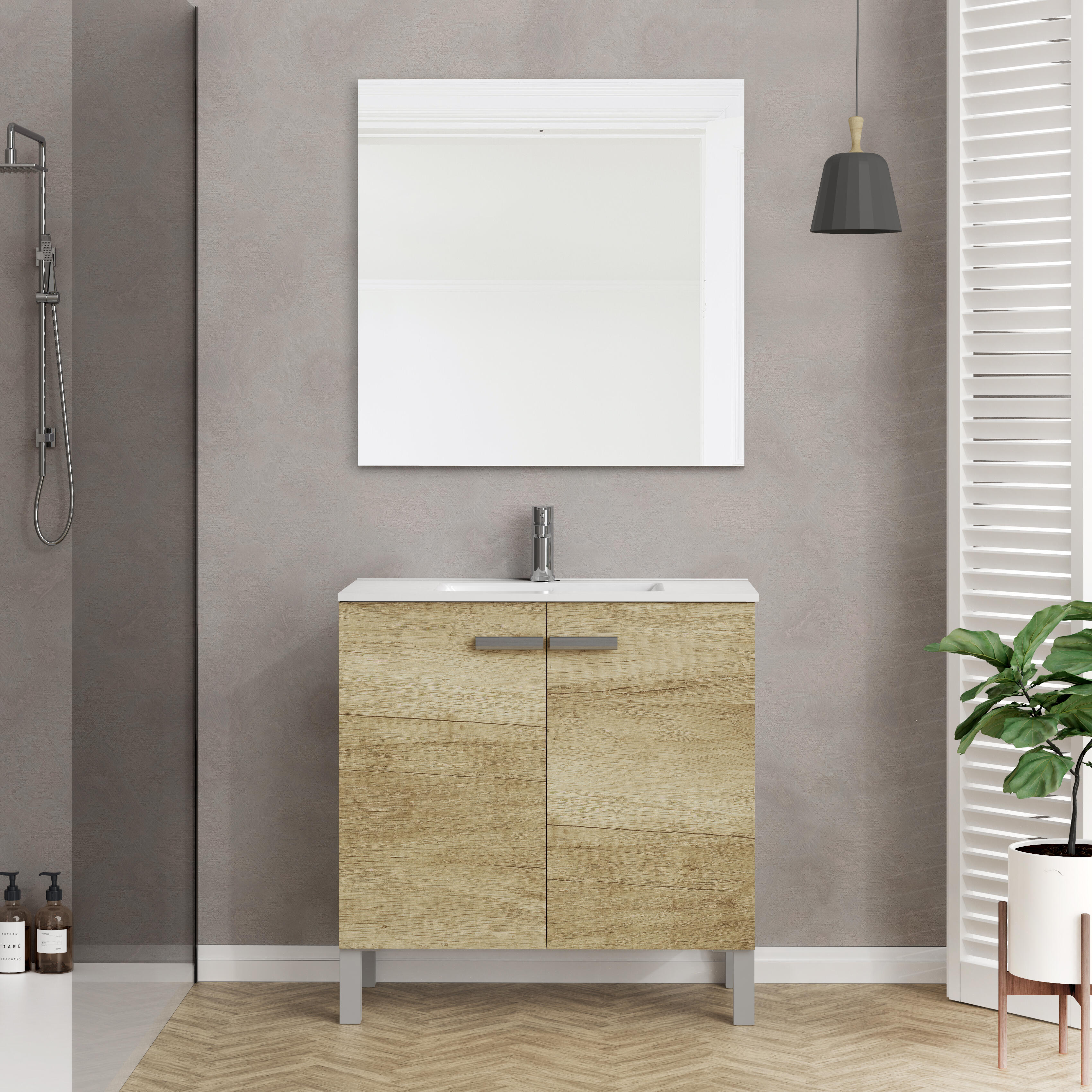 Mueble de baño con lavabo y espejo duo roble claro 80x45 cm